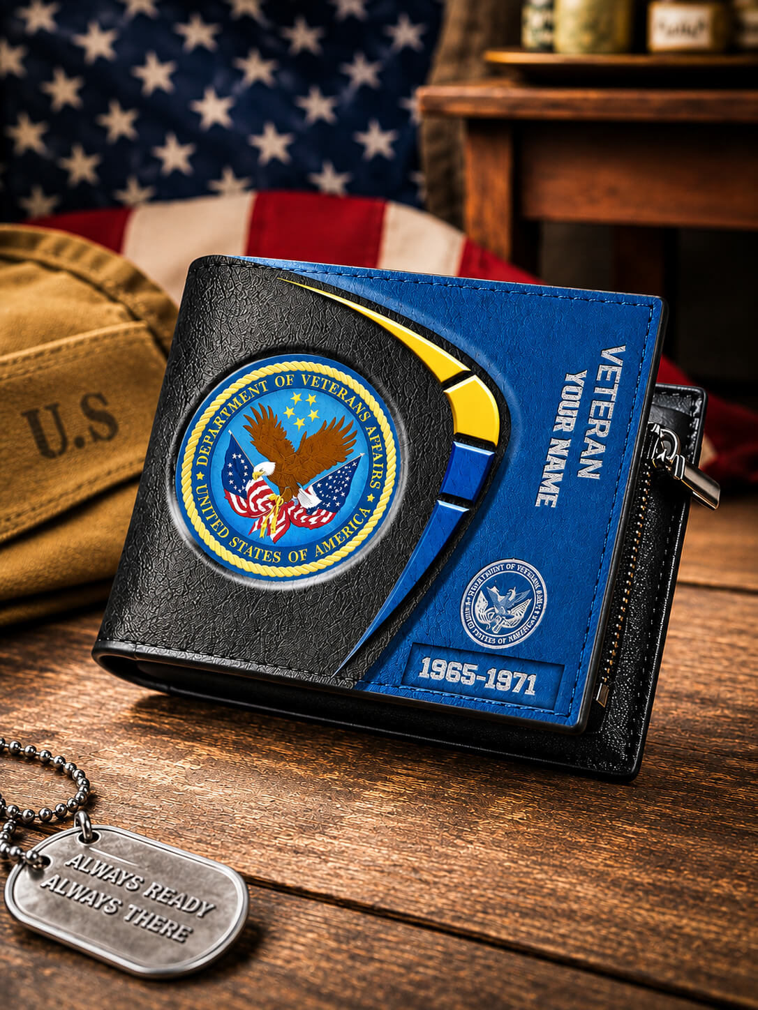 A black leather bi-fold wallet with a blue and yellow U.S.