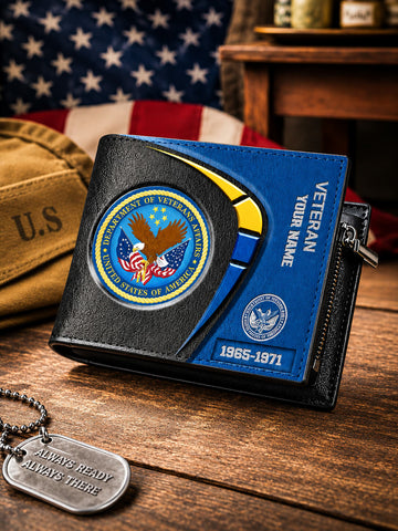 A black leather bi-fold wallet with a blue and yellow U.S.