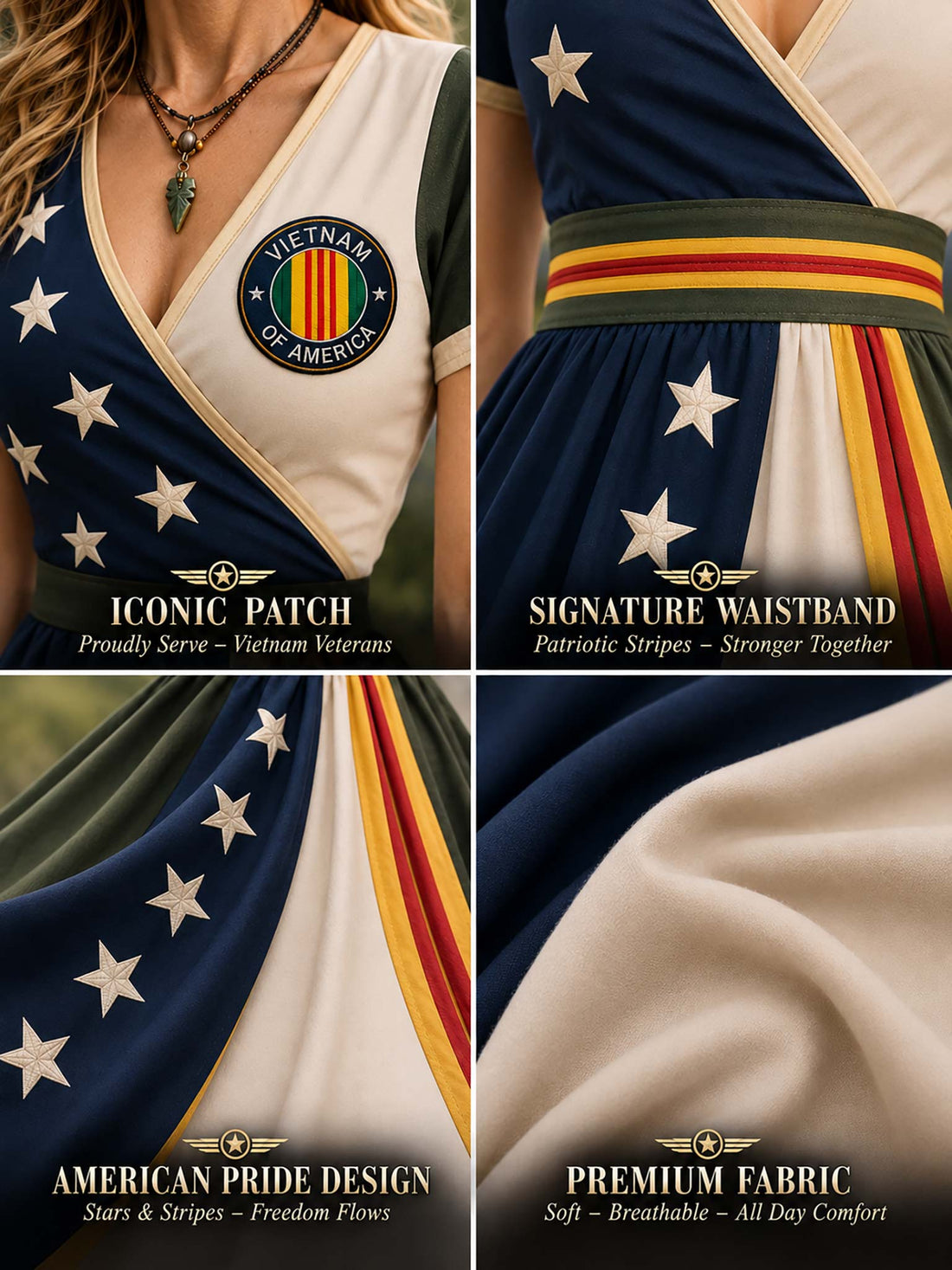 A woman stands outdoors in a mountain meadow wearing a long high-low dress with an American flag-inspired design, featuring navy blue with white stars on one side and vertical red, white, and blue stripes on the other. She is posed in front of a rustic cabin with an American flag and an Army National Guard emblem.