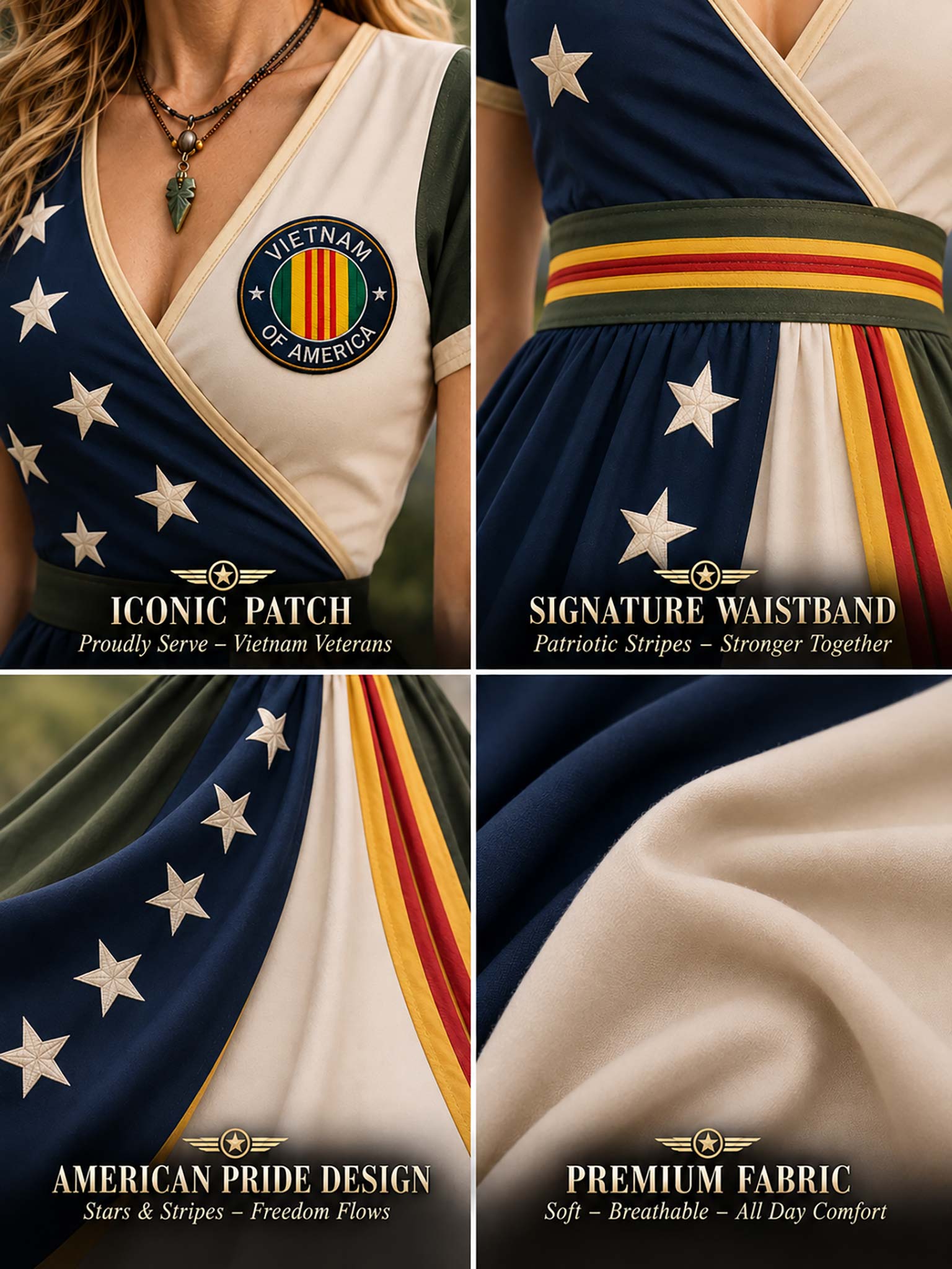 Four-panel promotional collage showing a patriotic military-style dress with navy blue and cream sections, white stars, and red/yellow stripe accents. Text overlays highlight features such as an 'Iconic Patch,' 'Signature Waistband,' and 'American Pride Design,' with one panel showing premium fabric closeups.