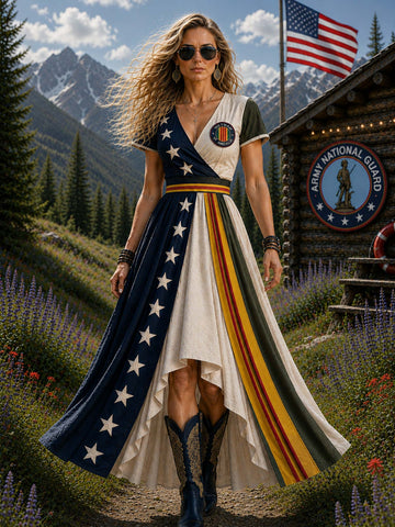 A woman stands outdoors in a mountain meadow wearing a long high-low dress with an American flag-inspired design, featuring navy blue with white stars on one side and vertical red, white, and blue stripes on the other. She is posed in front of a rustic cabin with an American flag and an Army National Guard emblem.