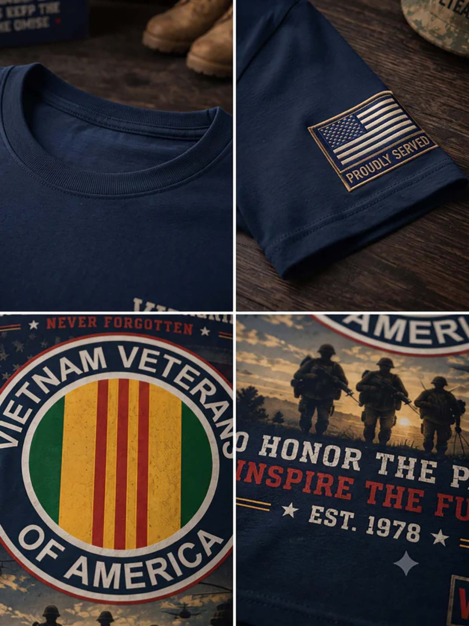 A navy blue t-shirt shown in a four-panel collage, featuring close-ups of the collar, a sleeve patch reading 'PROUDLY SERVED,' a large circular Vietnam Veterans emblem, and a front graphic with soldiers and the text 'HONOR THE P.