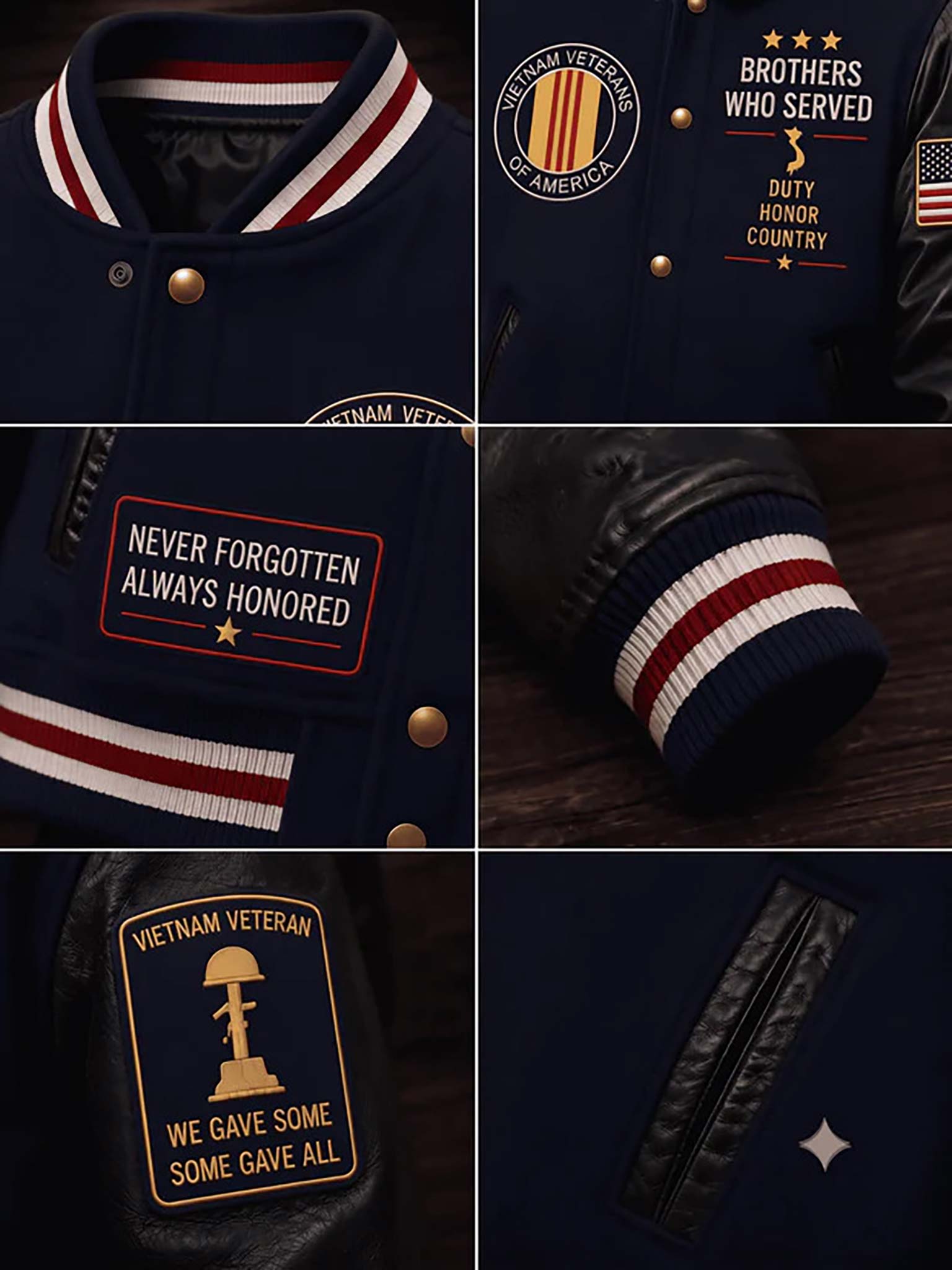A collage showing close-up details of a dark navy varsity-style jacket, including the striped ribbed collar, gold snap buttons, a circular Vietnam Veteran emblem on the chest, a patch reading 'Never Forgotten Always Honored,' striped sleeve cuff, and a black zipper pocket.