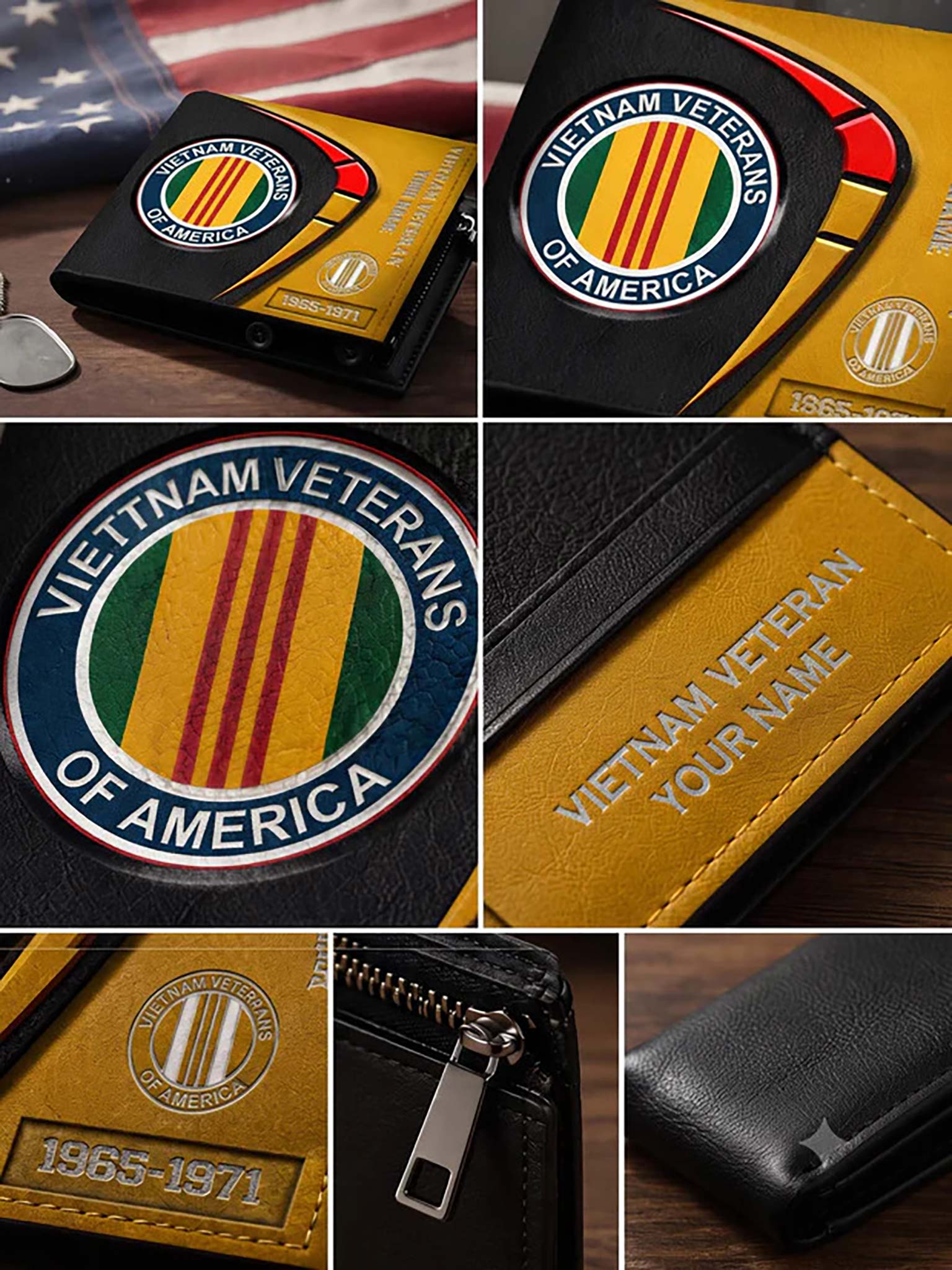 A collage of close-up product views showing a black leather wallet or card holder with a large circular 'Vietnam Veterans of America' emblem on the front. The product also has a tan/yellow side panel with the text 'VIETNAM VETERAN YOUR NAME' and a brass-toned zipper.