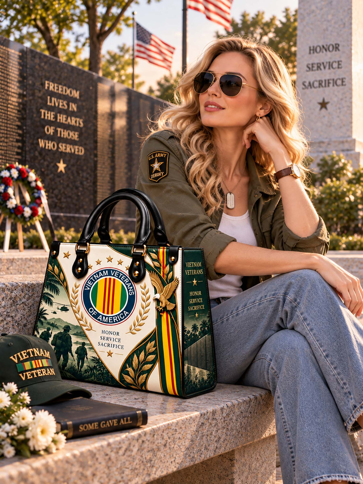 Woman carrying Vietnam Veteran Heritage Elegance Leather Bag