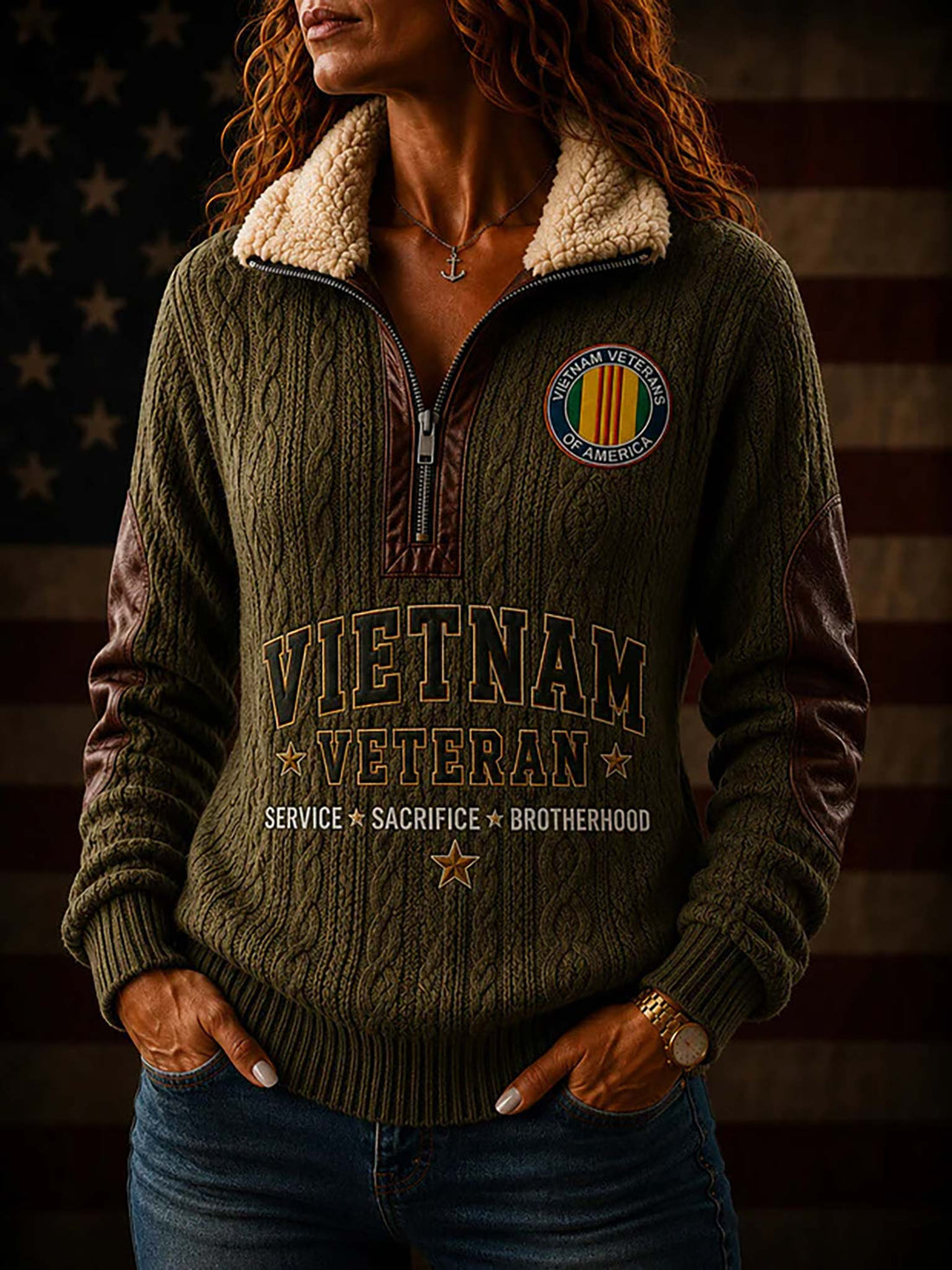 An olive green cable-knit quarter-zip sweater with a beige sherpa collar, featuring 'VIETNAM VETERAN' text and a circular 'Vietnam Veterans of America' logo on the front, with a matching back view and a circular inset of the chest logo.
