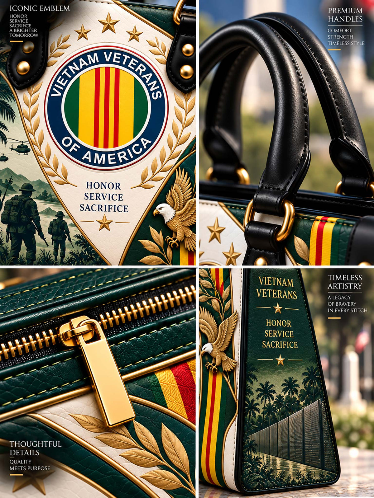 Vietnam Veteran Heritage Elegance Leather Bag handle, zipper and printed details