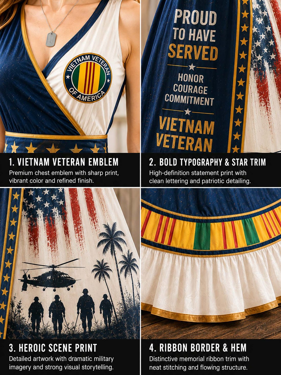 A woman modeling a patriotic Vietnam Veteran themed maxi dress in a rustic themed room with American flags, wooden crates, and military decorations. The dress features navy blue, white, and red graphics with text like 'PROUD TO HAVE SERVED' and 'VIETNAM VETERAN'.