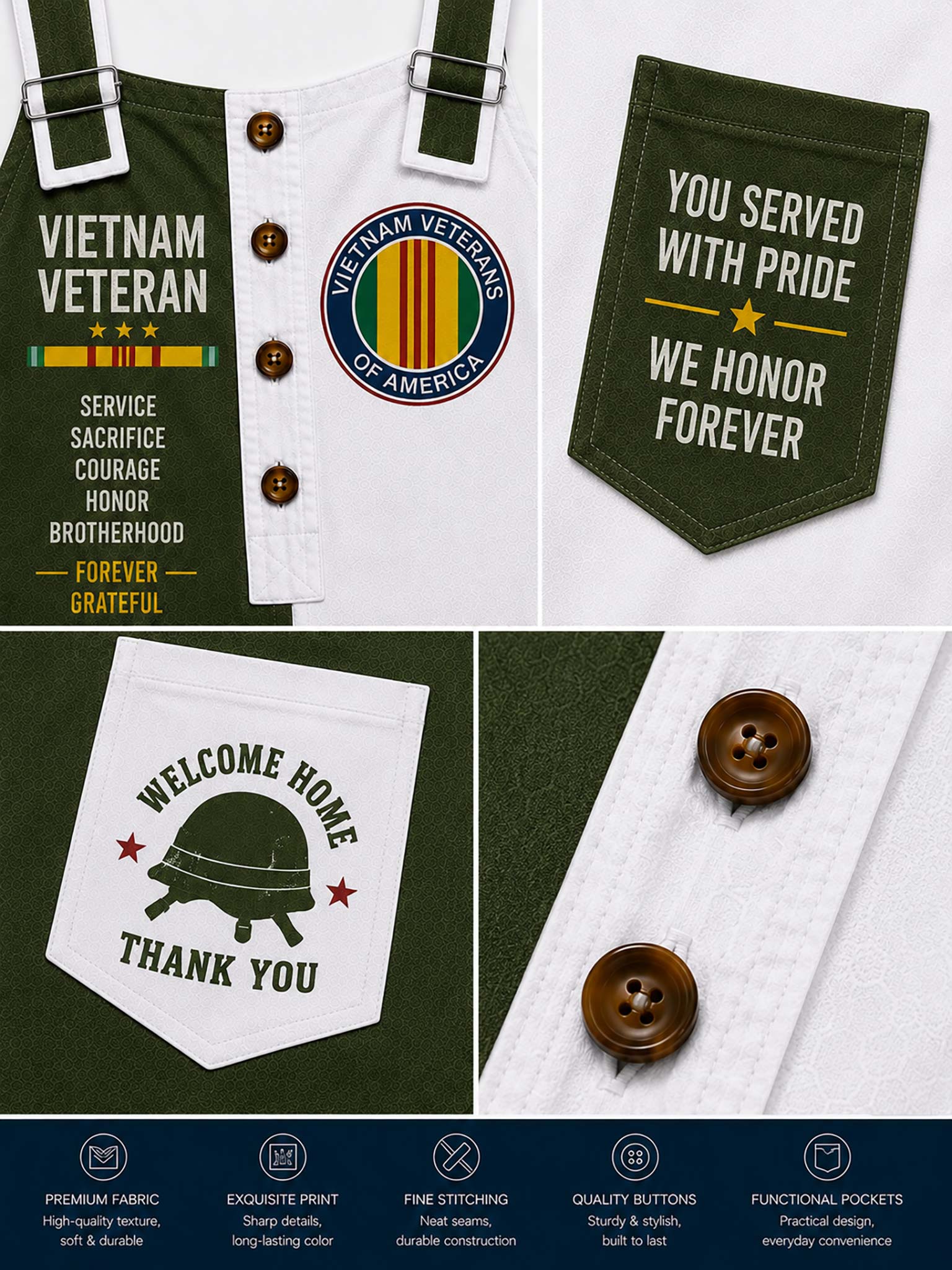 A collage showing a green and white military-themed veteran apparel set with embroidered patches, a Vietnam Veteran emblem, and a white welcome home patch. The set includes front and back views, close-ups of buttons and fabric, and a navy informational footer with product features.