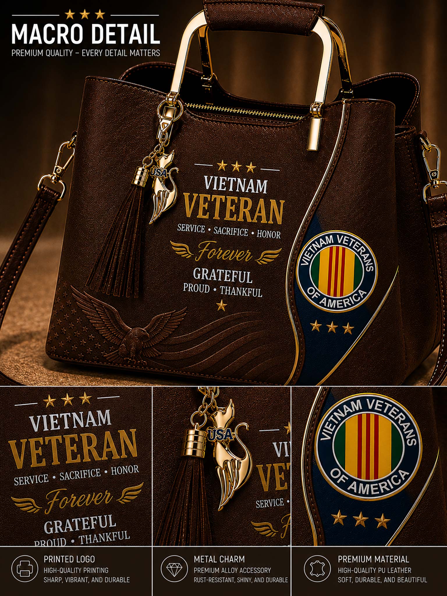 A dark brown leather handbag with gold-tone hardware, featuring a 'Vietnam Veteran' tassel charm and a circular 'Vietnam Veterans of America' emblem printed on the front. The image includes a large close-up detail panel and three smaller feature panels at the bottom highlighting the printed logo, metal charm, and leather texture.