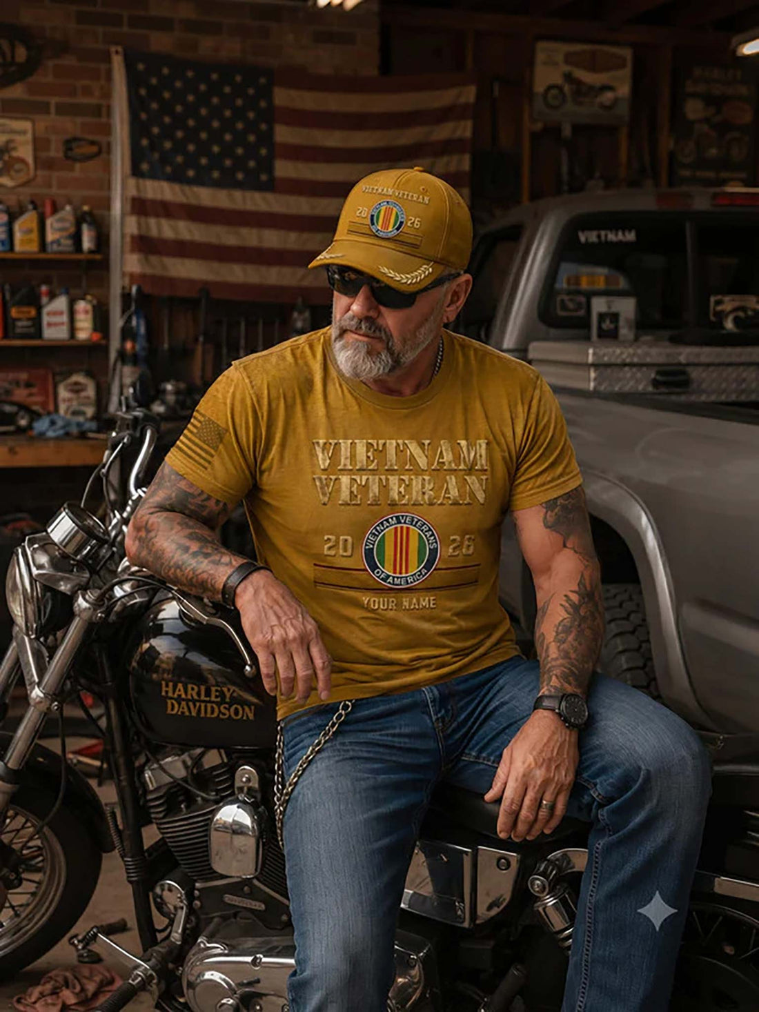 Yellow Vietnam Veteran cap with embroidered details on a wooden surface with American flag and medals.