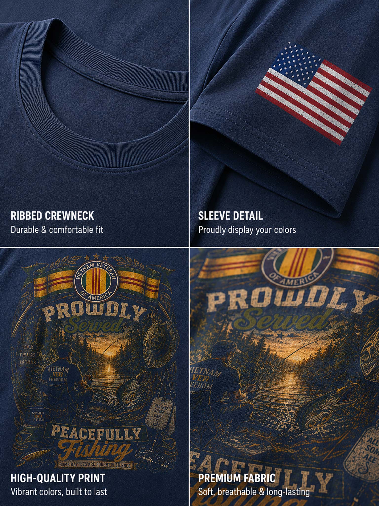 A four-panel product detail collage of a navy blue t-shirt. The top-left panel shows the ribbed crewneck.