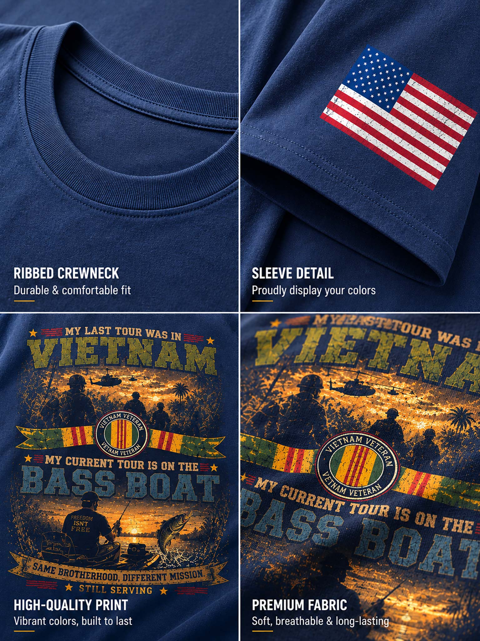 A four-panel product detail collage of a navy blue T-shirt. The top-left panel shows the ribbed crewneck.