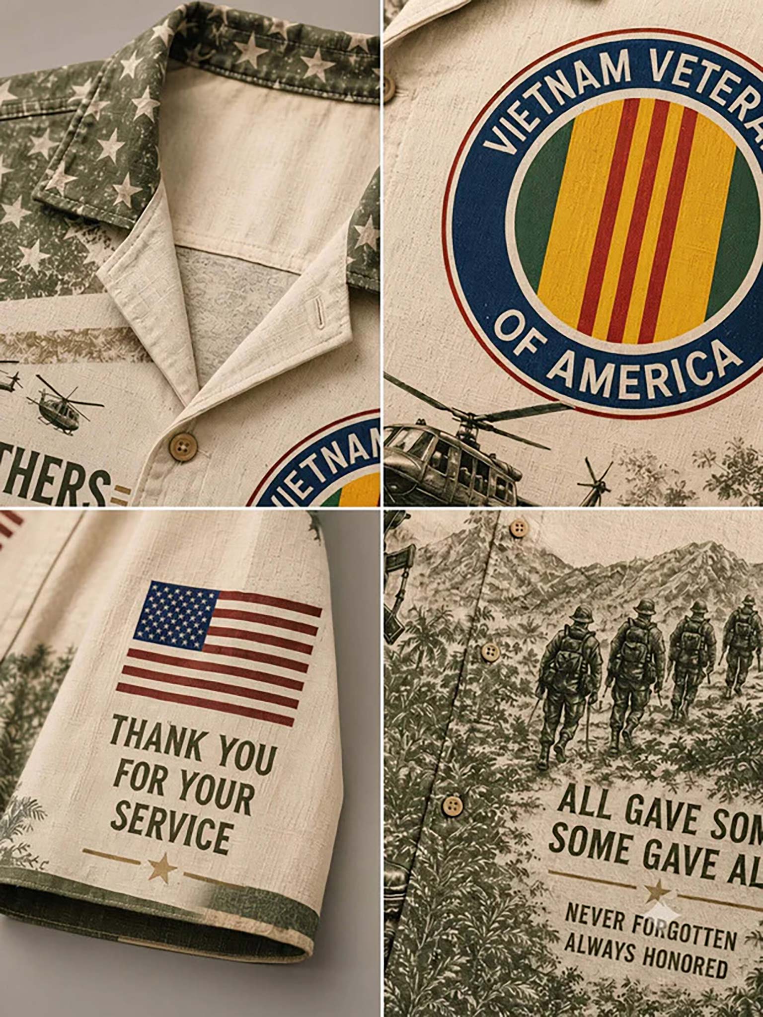 A collage showing multiple close-up views of a military-themed button-up shirt. The shirt has a cream base with green camouflage patterns, a large Vietnam Veterans of America emblem, an American flag, and military text and imagery including soldiers and helicopters.