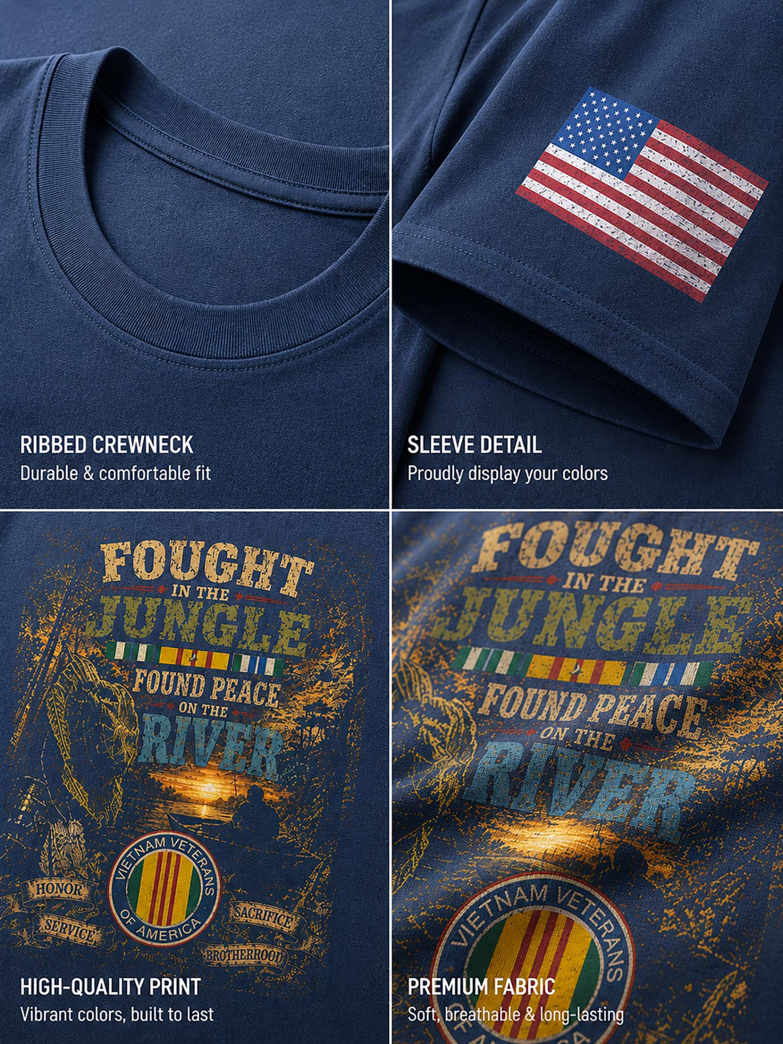 A four-panel product detail collage of a navy blue t-shirt. The top-left panel shows the ribbed crewneck.