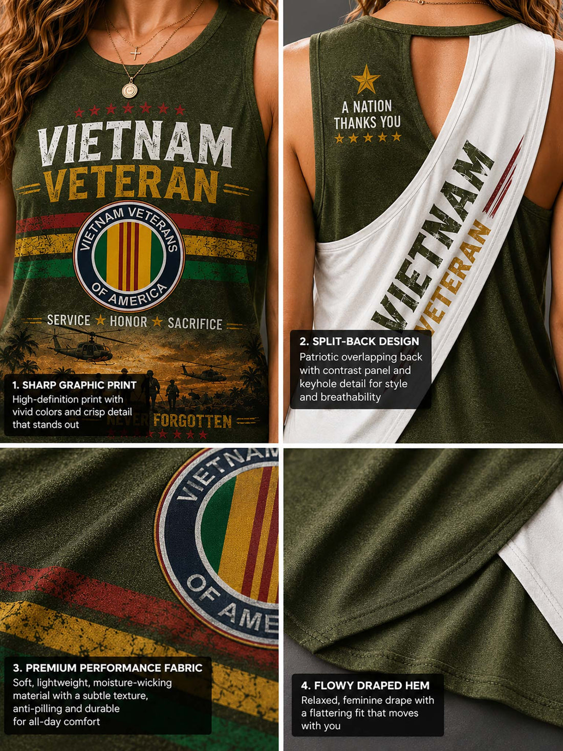 Two women modeling a matching green and white Vietnam Veteran graphic tank top, shown from the front and back. The tank top features military-themed graphics and text, and the women are also wearing blue jeans and a brown clutch.
