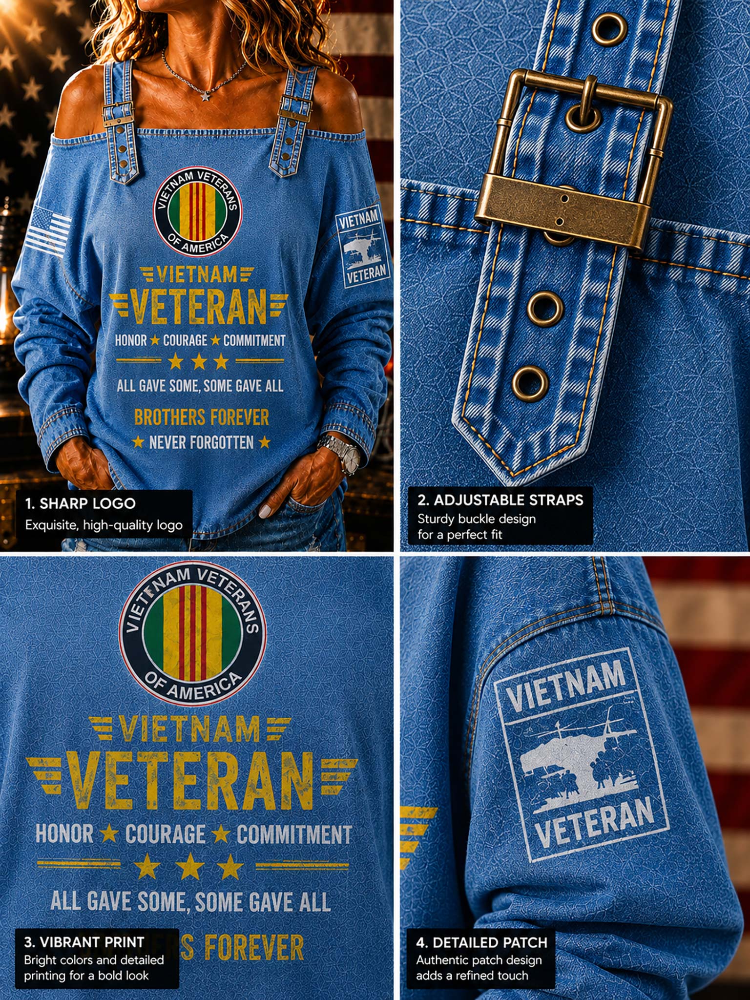 A blue denim-style off-the-shoulder long-sleeve top with a large 'Vietnam Veteran' graphic and patch details, shown in a four-panel collage with close-ups of the buckle straps and printed patches. The collage includes American flag background elements and numbered callouts about logo, straps, and print.