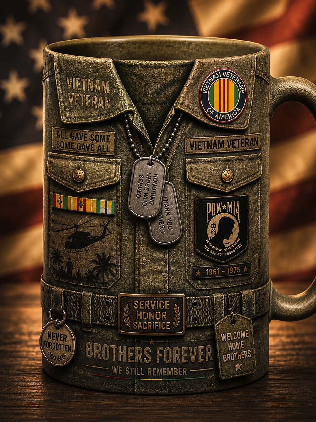 A ceramic mug designed to look like a military uniform vest, with 'VIETNAM VETERAN' text, dog tags, patches, and engraved details, set against a blurred American flag background.