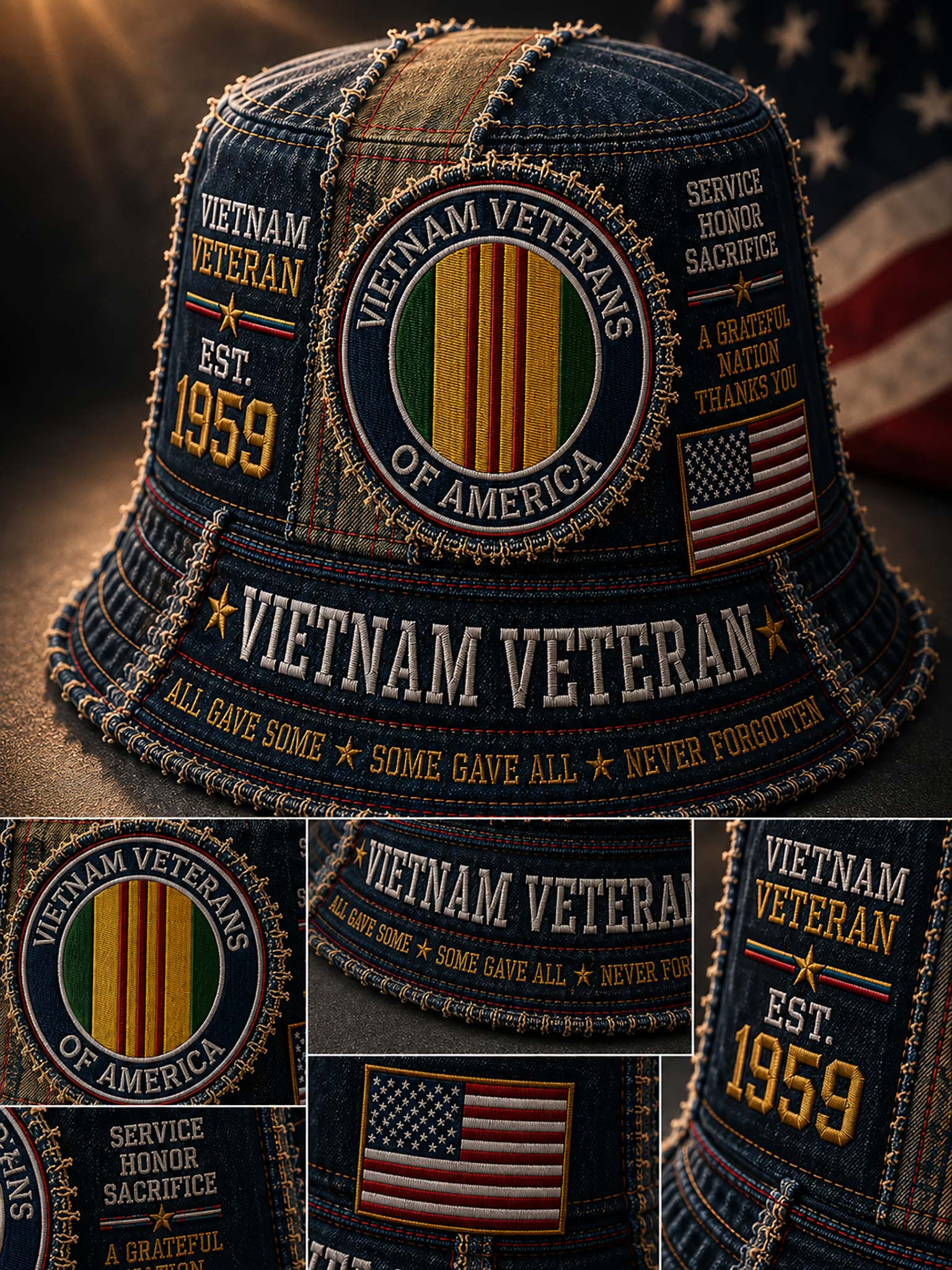 A denim-style bucket hat with embroidered Vietnam Veteran patches, American flag motifs, and decorative stitching, shown against a dark background with inset detail views.