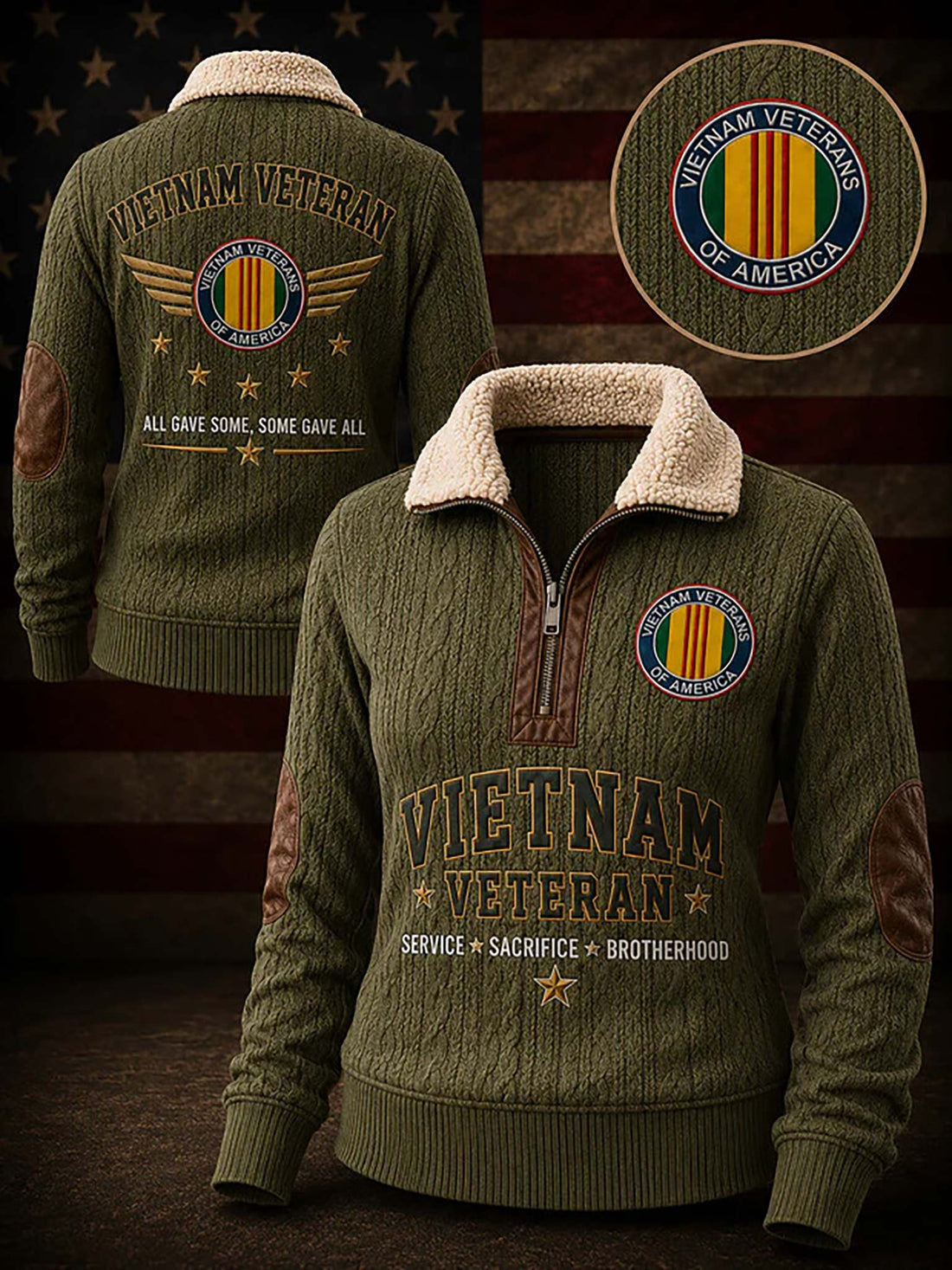 An olive green cable-knit quarter-zip sweater with a beige sherpa collar, featuring 'VIETNAM VETERAN' text and a circular 'Vietnam Veterans of America' logo on the front, with a matching back view and a circular inset of the chest logo.