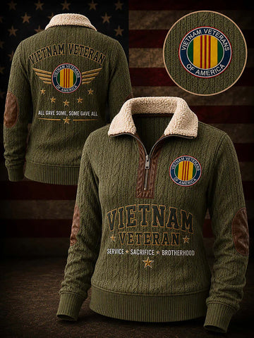 An olive green cable-knit quarter-zip sweater with a beige sherpa collar, featuring 'VIETNAM VETERAN' text and a circular 'Vietnam Veterans of America' logo on the front, with a matching back view and a circular inset of the chest logo.