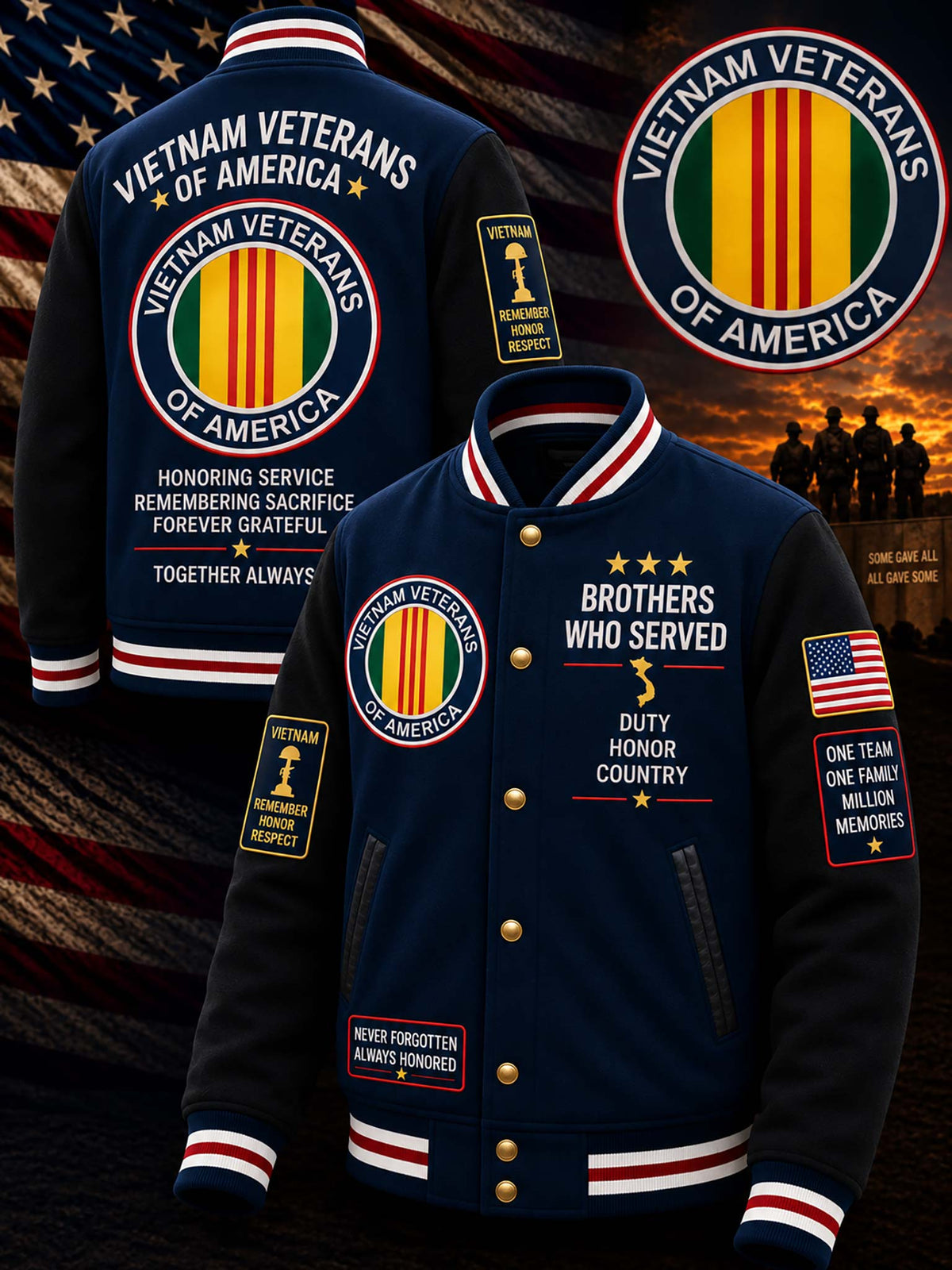 A navy varsity-style jacket shown from front and back, with large Vietnam Veterans of America circular patches on the chest and sleeves, gold buttons, red-and-white striped ribbed trim, and patriotic text including 'Brothers Who Served' and 'One Team One Family Million Memories.' The background is a dark patriotic scene with an American flag and silhouetted soldiers.