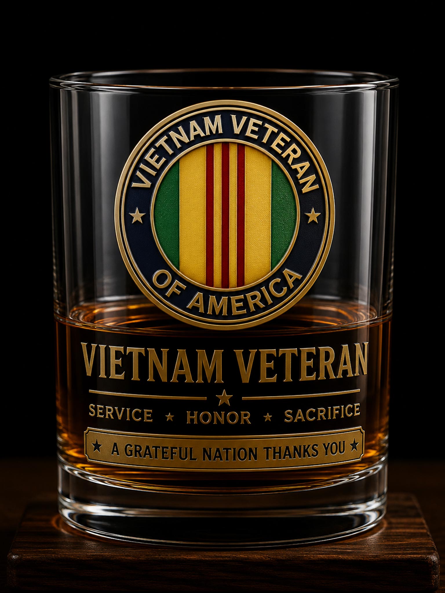 A clear whiskey tumbler with a Vietnam Veteran of America emblem and text printed on the front, filled with amber liquid and photographed against a black background.