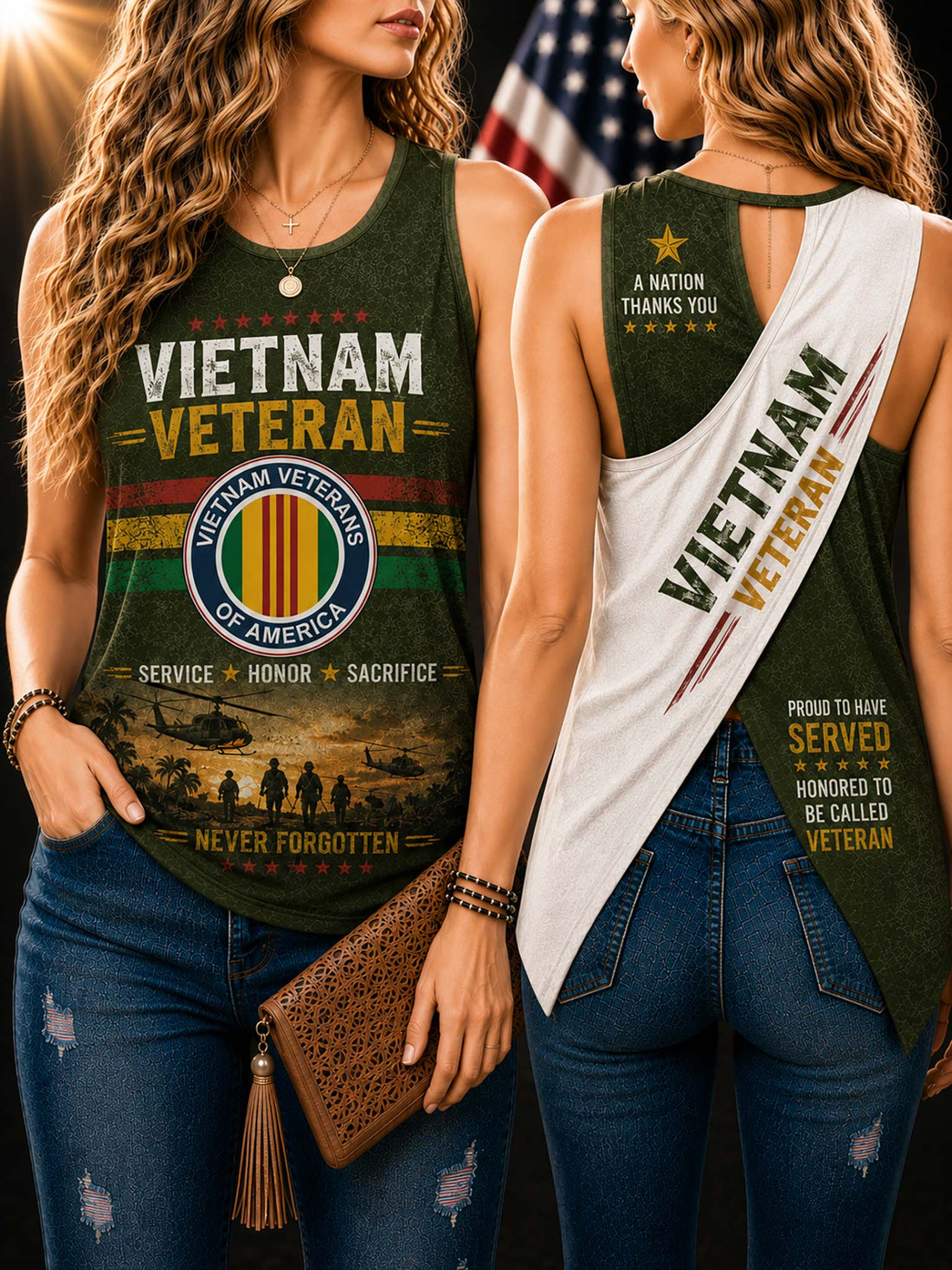 Two women modeling a matching green and white Vietnam Veteran graphic tank top, shown from the front and back. The tank top features military-themed graphics and text, and the women are also wearing blue jeans and a brown clutch.