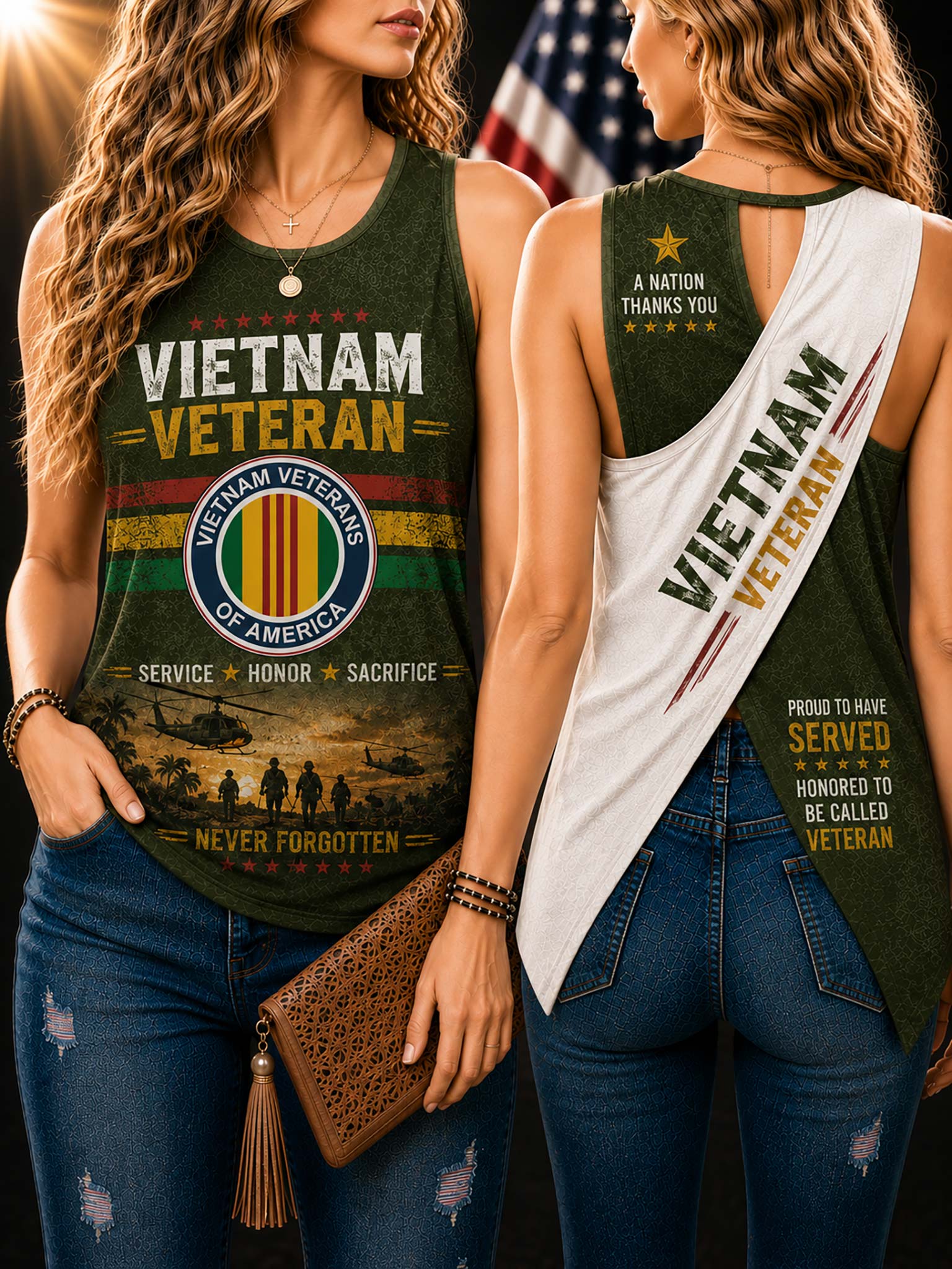 Two women modeling a matching green and white Vietnam Veteran graphic tank top, shown from the front and back. The tank top features military-themed graphics and text, and the women are also wearing blue jeans and a brown clutch.