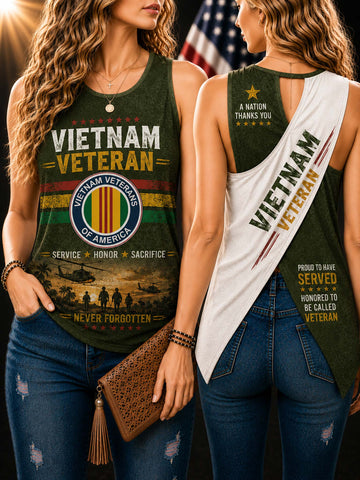 Two women modeling a matching green and white Vietnam Veteran graphic tank top, shown from the front and back. The tank top features military-themed graphics and text, and the women are also wearing blue jeans and a brown clutch.