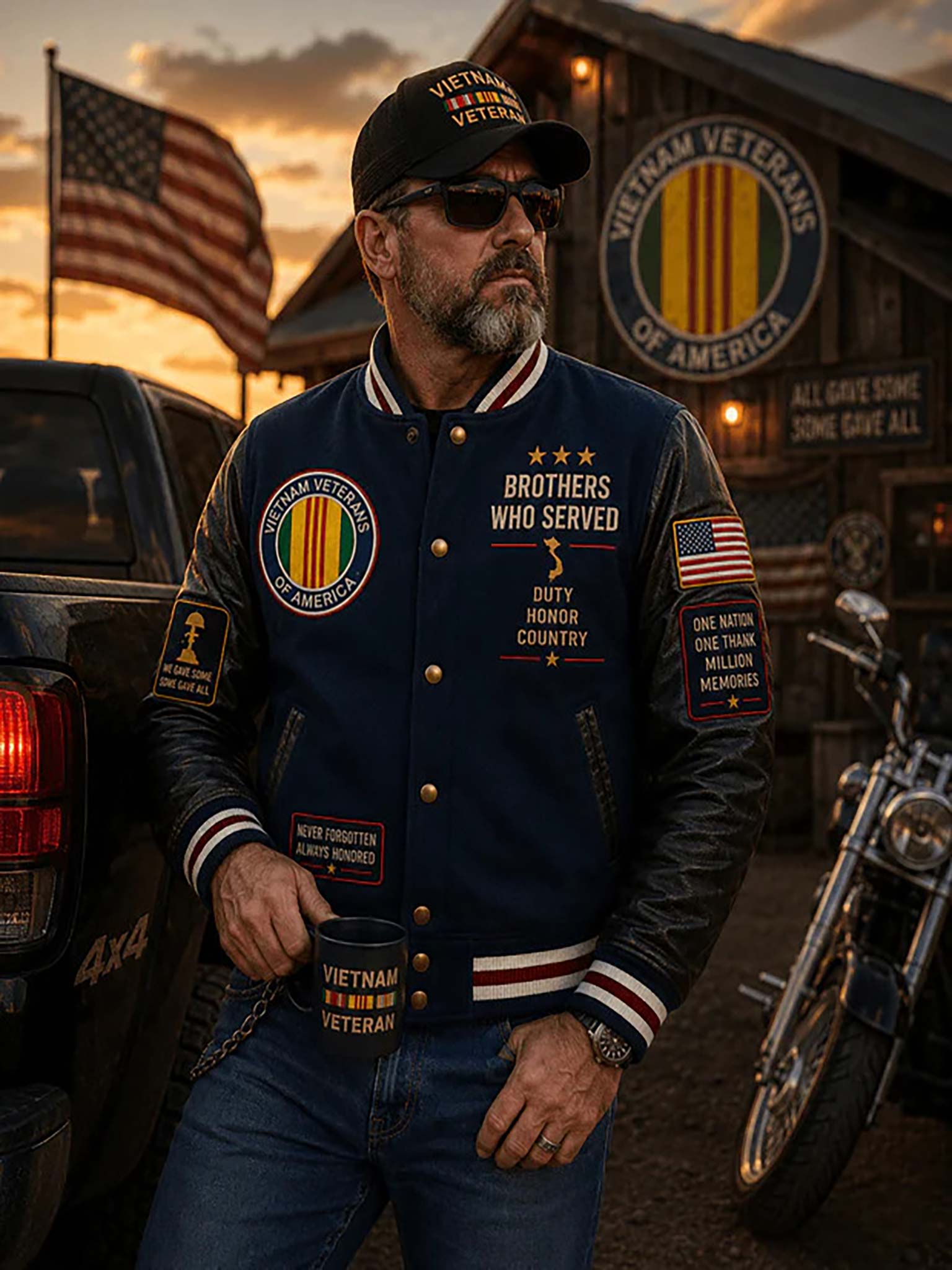 A man wearing a dark navy and black leather jacket with Vietnam Veterans of America patches stands in front of a rustic building at sunset, with a motorcycle and truck visible.
