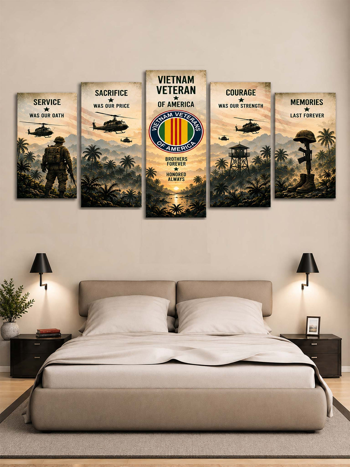 A 5-panel canvas wall art set depicting a Vietnam Veteran theme, displayed in a bedroom setting above a bed with neutral-colored bedding and bedside tables.