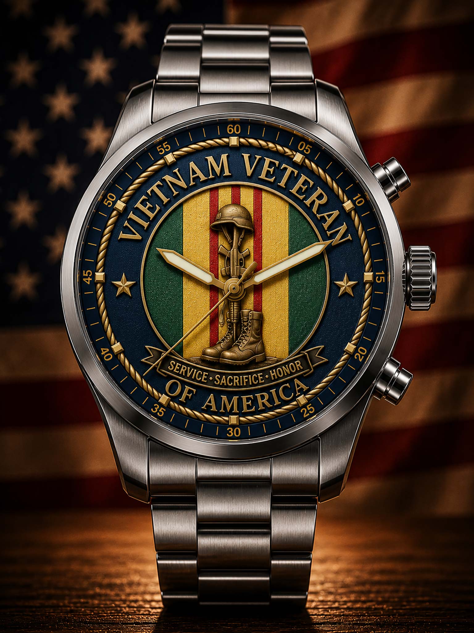 A stainless steel wristwatch with a detailed Vietnam Veteran themed dial, set against a blurred American flag background.