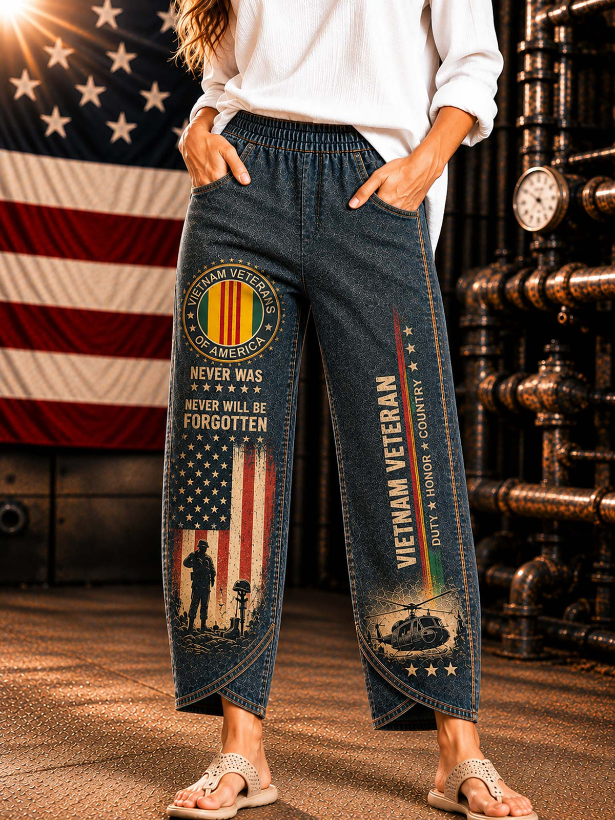 Vietnam Veteran Graphic Wide-Leg Pants