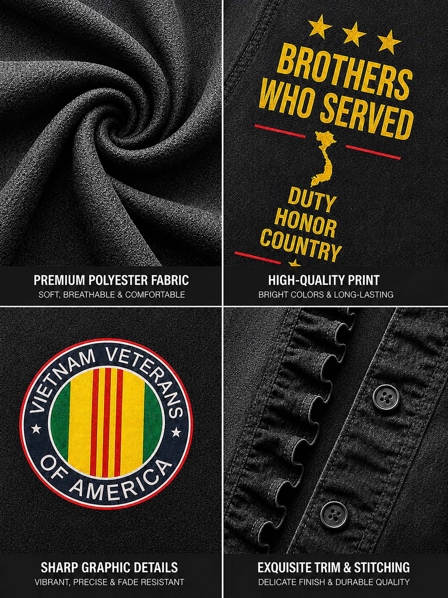 A four-panel product detail graphic showing a black fabric swatch, a yellow printed slogan reading 'Brothers Who Served' and 'Duty Honor Country' on black fabric, a circular Vietnam Veterans of America emblem on black fabric, and close-up stitching around buttons on black fabric.