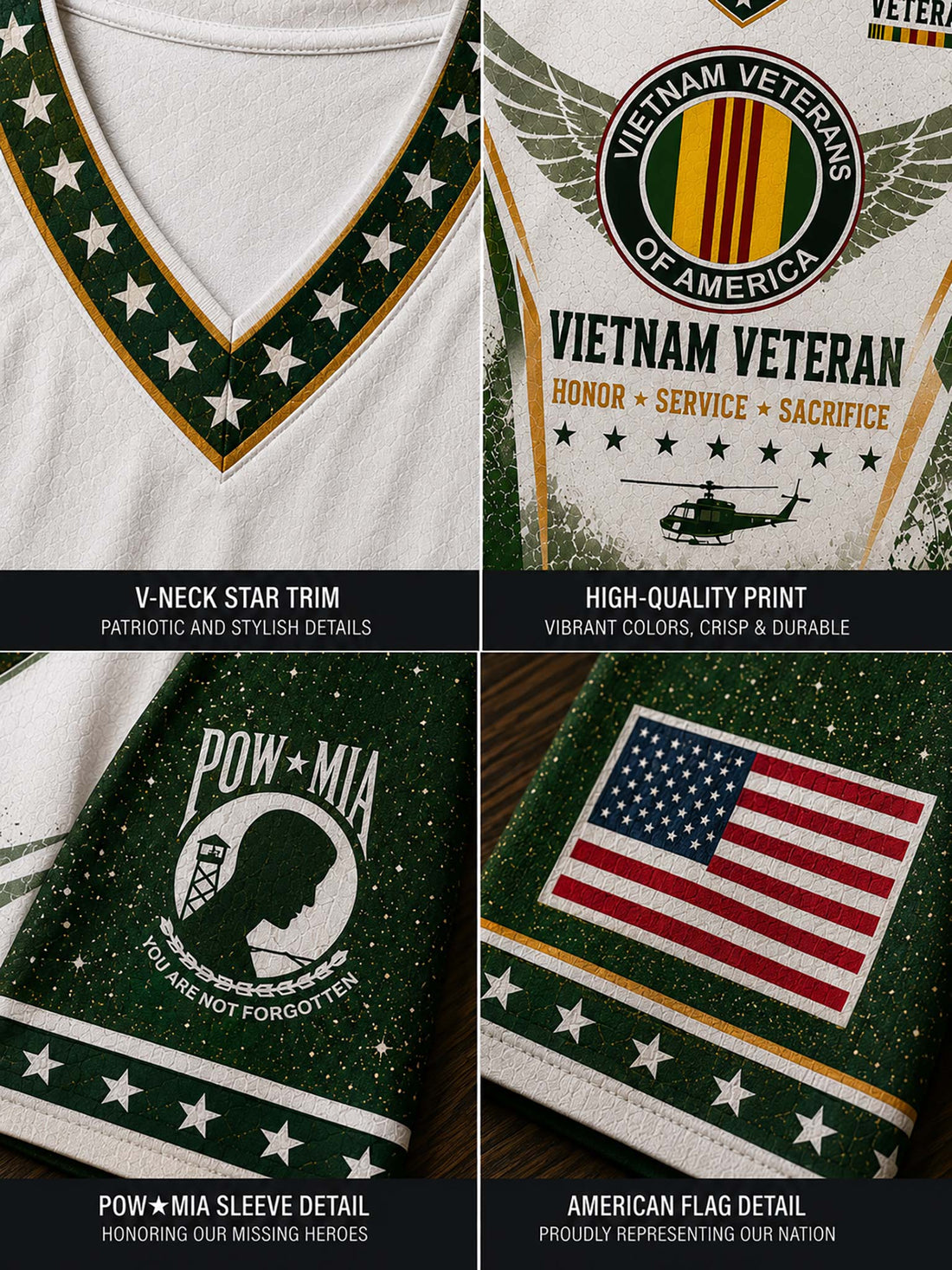 Four-panel close-up collage of a patriotic white and dark green Vietnam Veteran themed garment, showing a V-neck star trim, high-quality print with a helicopter graphic, a POW-MIA sleeve detail, and an American flag patch detail.