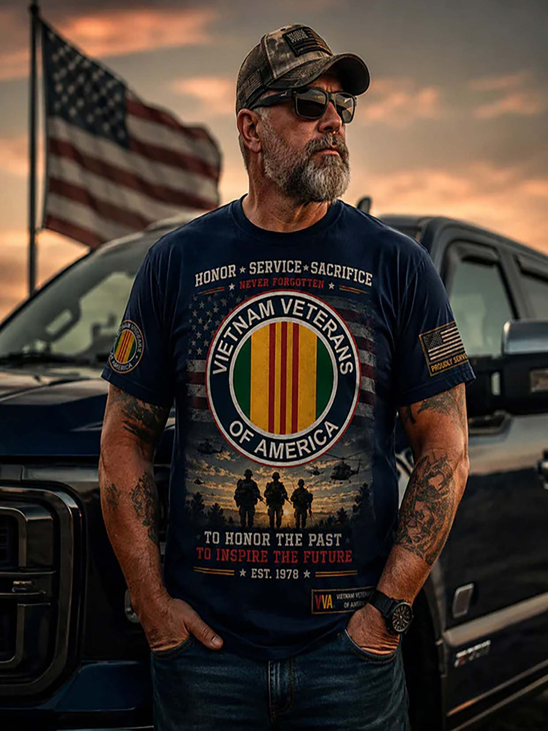 Vietnam Veterans of America t-shirt with American flag and silhouette design, surrounded by related merchandise.
