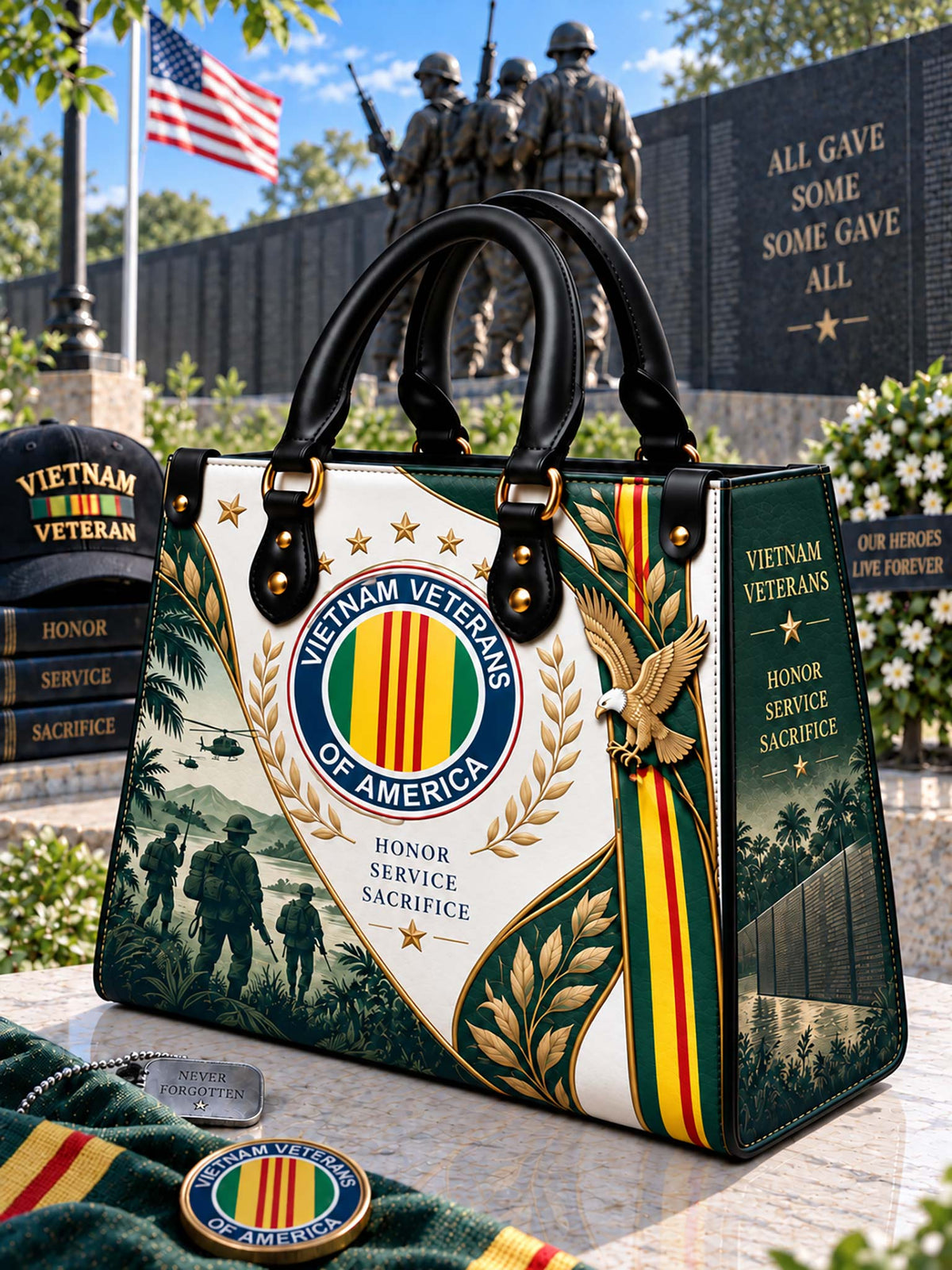 Vietnam Veteran Heritage Elegance Leather Bag front view with veteran emblem and remembrance artwork