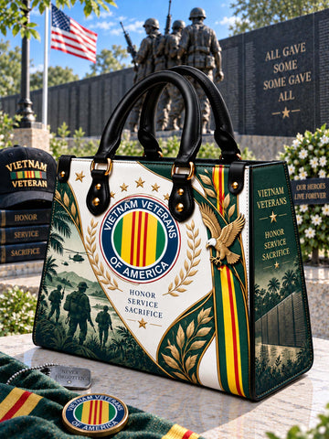 Vietnam Veteran Heritage Elegance Leather Bag front view with veteran emblem and remembrance artwork