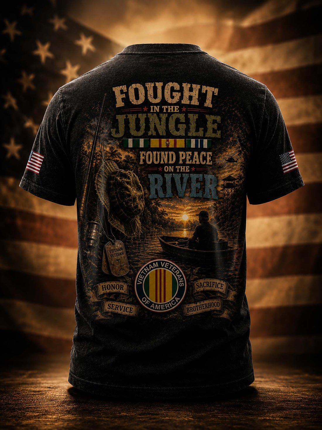 A black short-sleeve t-shirt shown from the back, featuring a large patriotic military-themed graphic with the text 'FOUGHT IN THE JUNGLE FOUND PEACE ON THE RIVER' and a U.S.