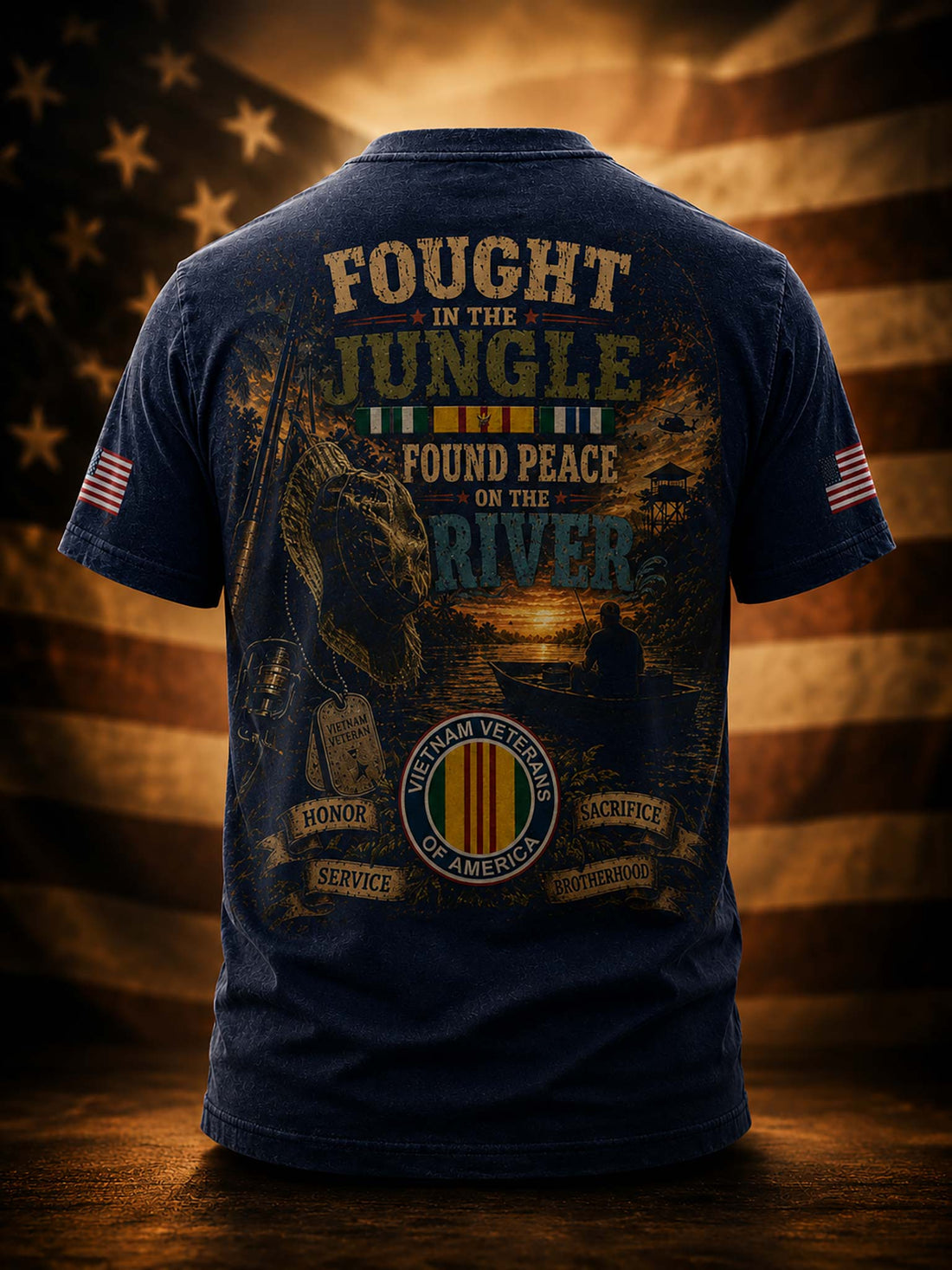 A black short-sleeve t-shirt shown from the back, featuring a large patriotic military-themed graphic with the text 'FOUGHT IN THE JUNGLE FOUND PEACE ON THE RIVER' and a U.S.