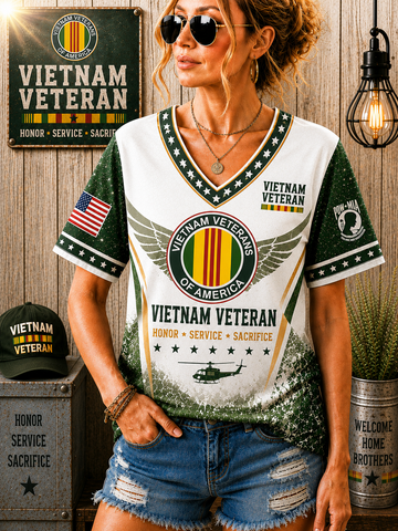 Vietnam Veteran Pattern-Trim V-Neck T-Shirt