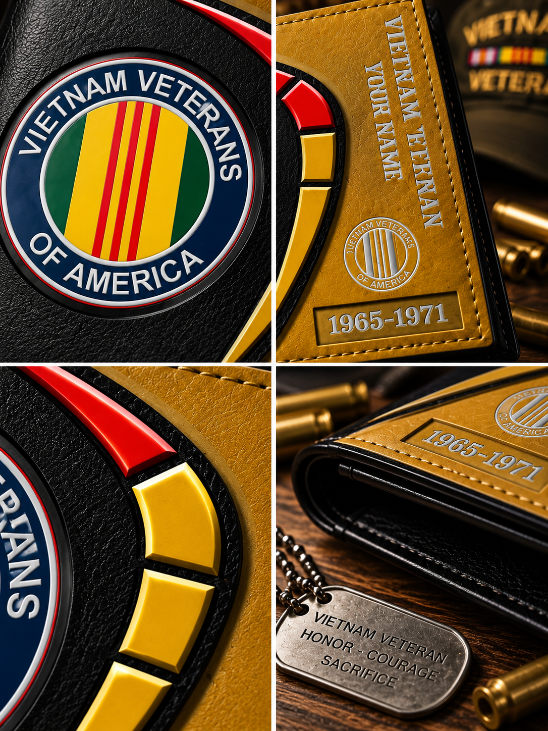 A close-up collage of a Vietnam Veterans of America themed wallet and matching accessories. The wallet is black and tan leather with a gold-toned front pocket featuring the Vietnam Veterans emblem, 'VIETNAM VETERAN' text, and '1965-1971' embossed.