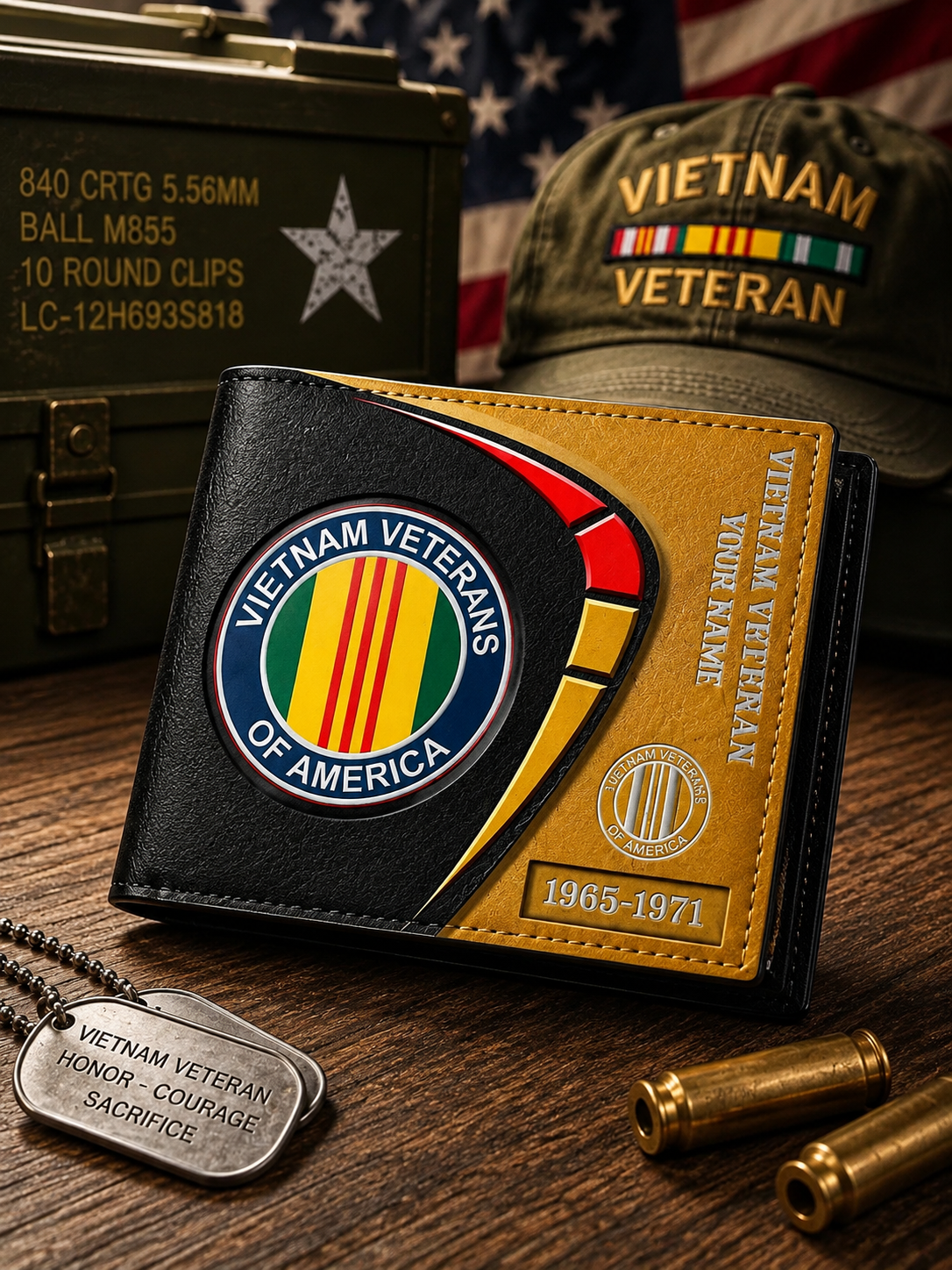 A black and gold bi-fold wallet featuring a Vietnam Veterans of America emblem, displayed on a wooden surface with a military cap, dog tags, and an American flag in the background.