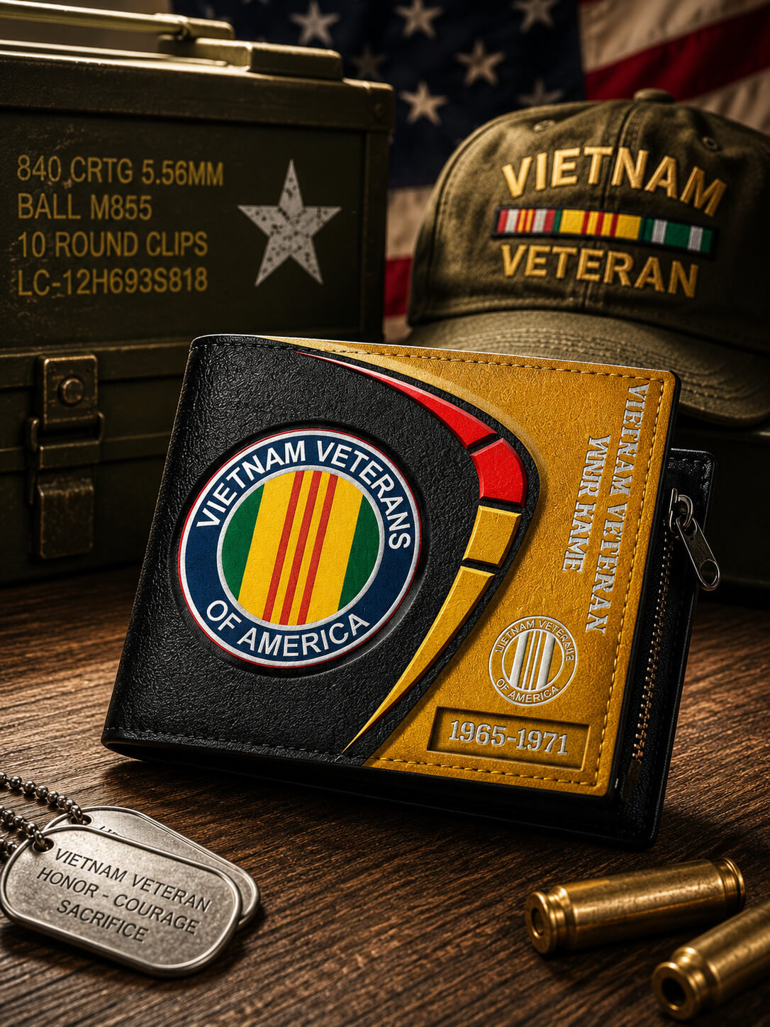 A black and gold bi-fold wallet with a Vietnam Veterans of America emblem, styled on a wooden surface with a military cap, ammo box, dog tags, and bullets in the background.