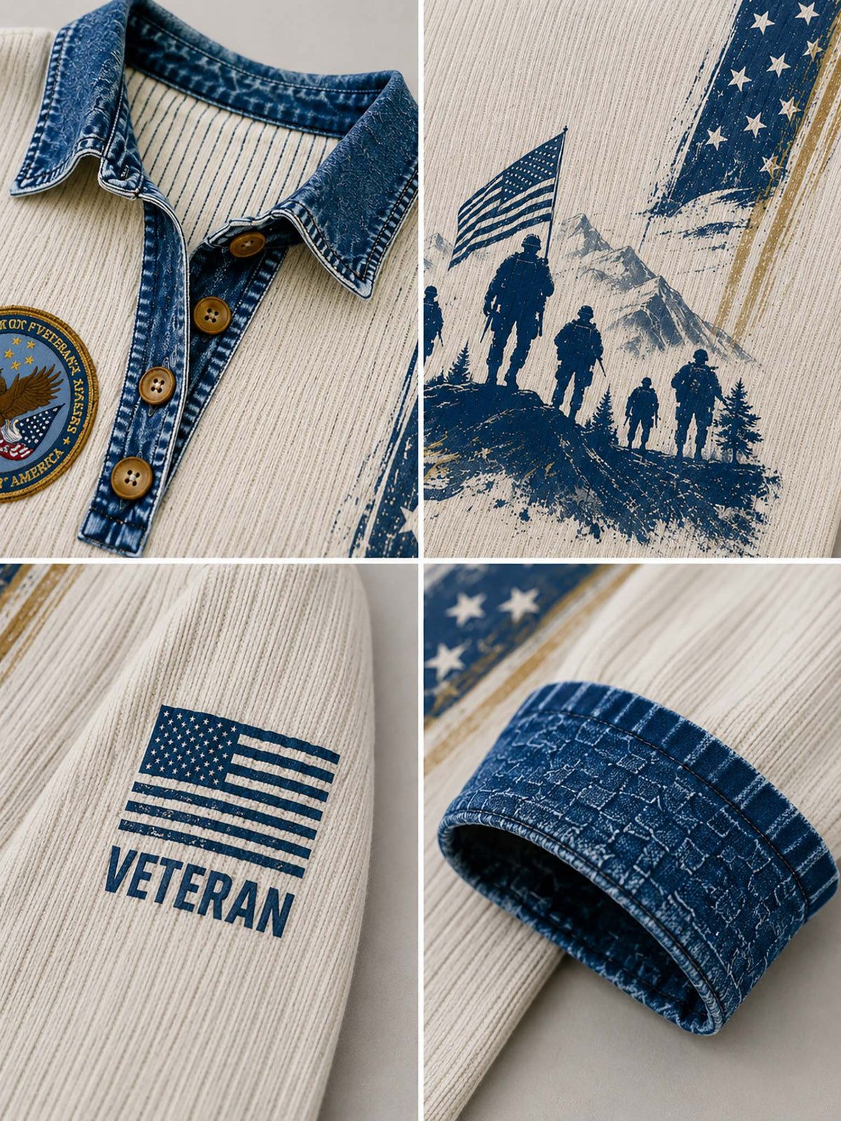 A close-up collage of a cream ribbed knit shirt with blue denim trim, featuring a blue American flag graphic with the word VETERAN, a blue military silhouette print on the chest, a circular patch on the sleeve, and a blue ribbed cuff.
