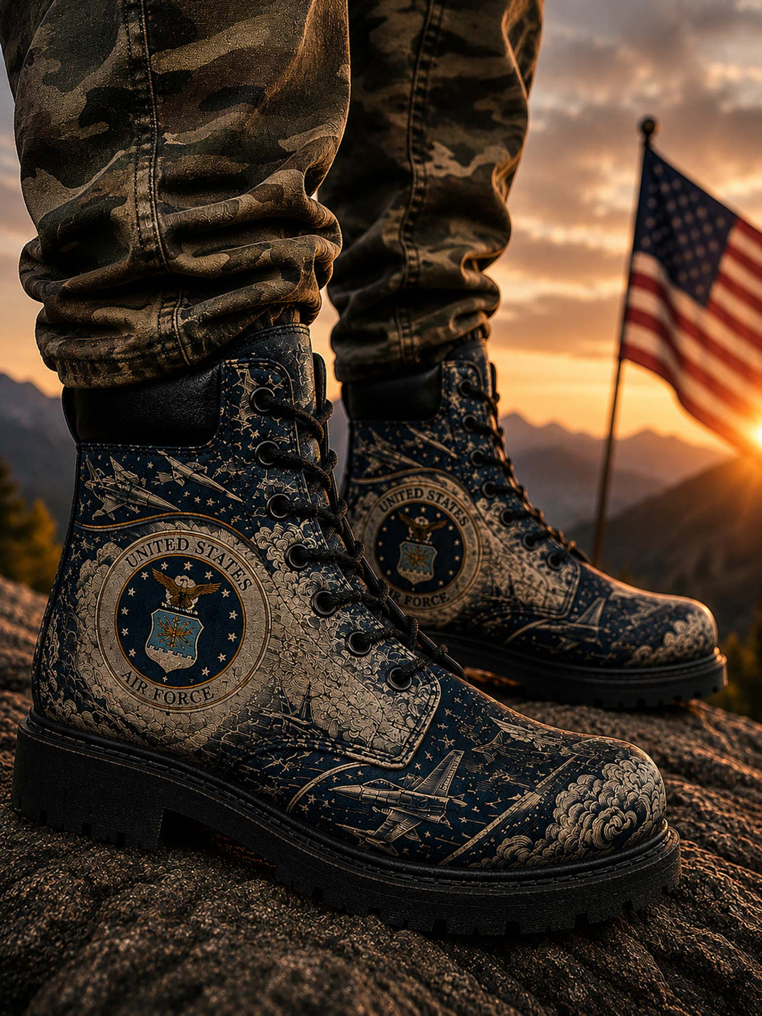 A pair of lace-up boots with a detailed United States Air Force theme, featuring the Air Force seal and fighter jets on a map background. The boots are shown inside a cardboard box with tissue paper, with a hand holding the front boot.