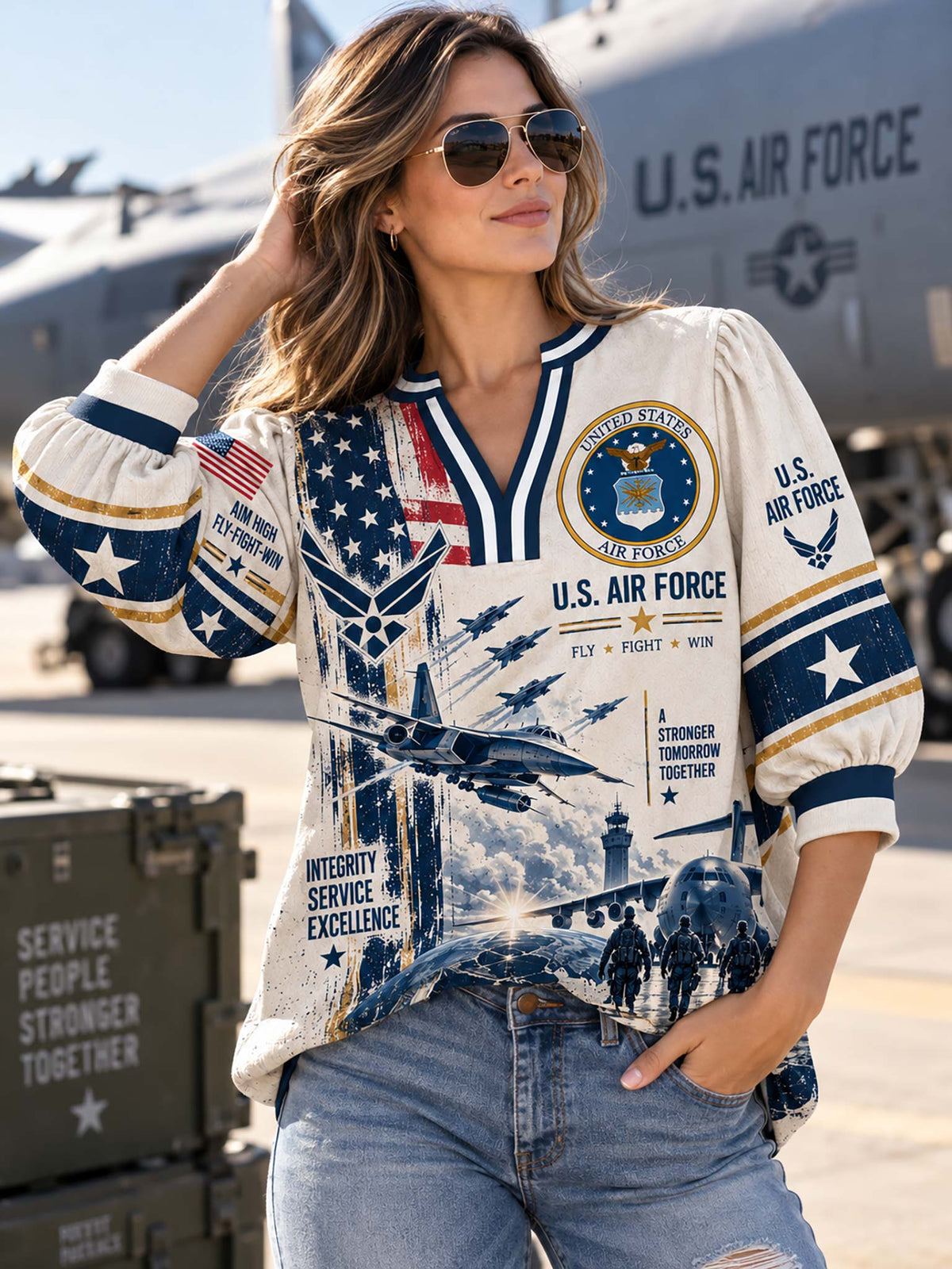 A woman wearing a patriotic U.S.