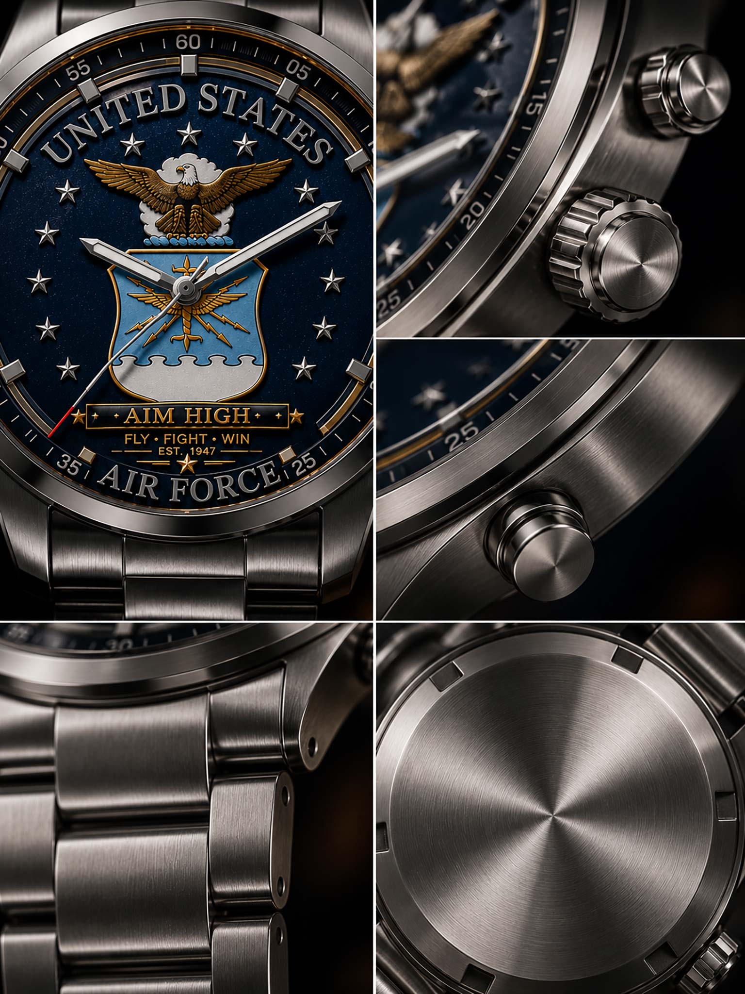 A close-up collage of a stainless steel military-style wristwatch with a blue dial featuring the United States Air Force emblem, shown in multiple detail views including the face, side buttons, bracelet, and brushed metal case back.