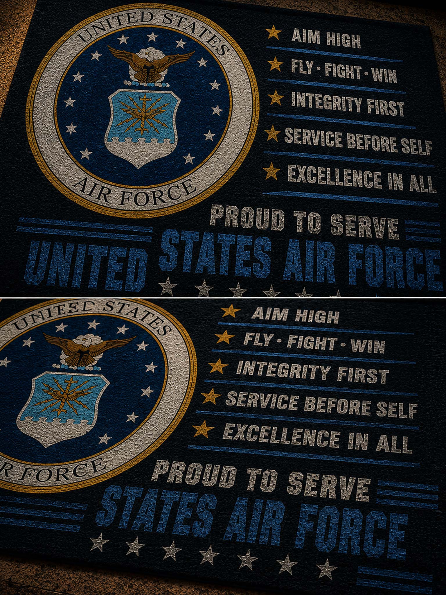 A dark navy blue rug featuring the United States Air Force emblem and text, shown in a two-panel layout. The design includes the Air Force seal, stars, and the phrases 'AIM HIGH', 'FLY - FIGHT - WIN', 'INTEGRITY FIRST', 'SERVICE BEFORE SELF', 'EXCELLENCE IN ALL', and 'PROUD TO SERVE UNITED STATES AIR FORCE'.